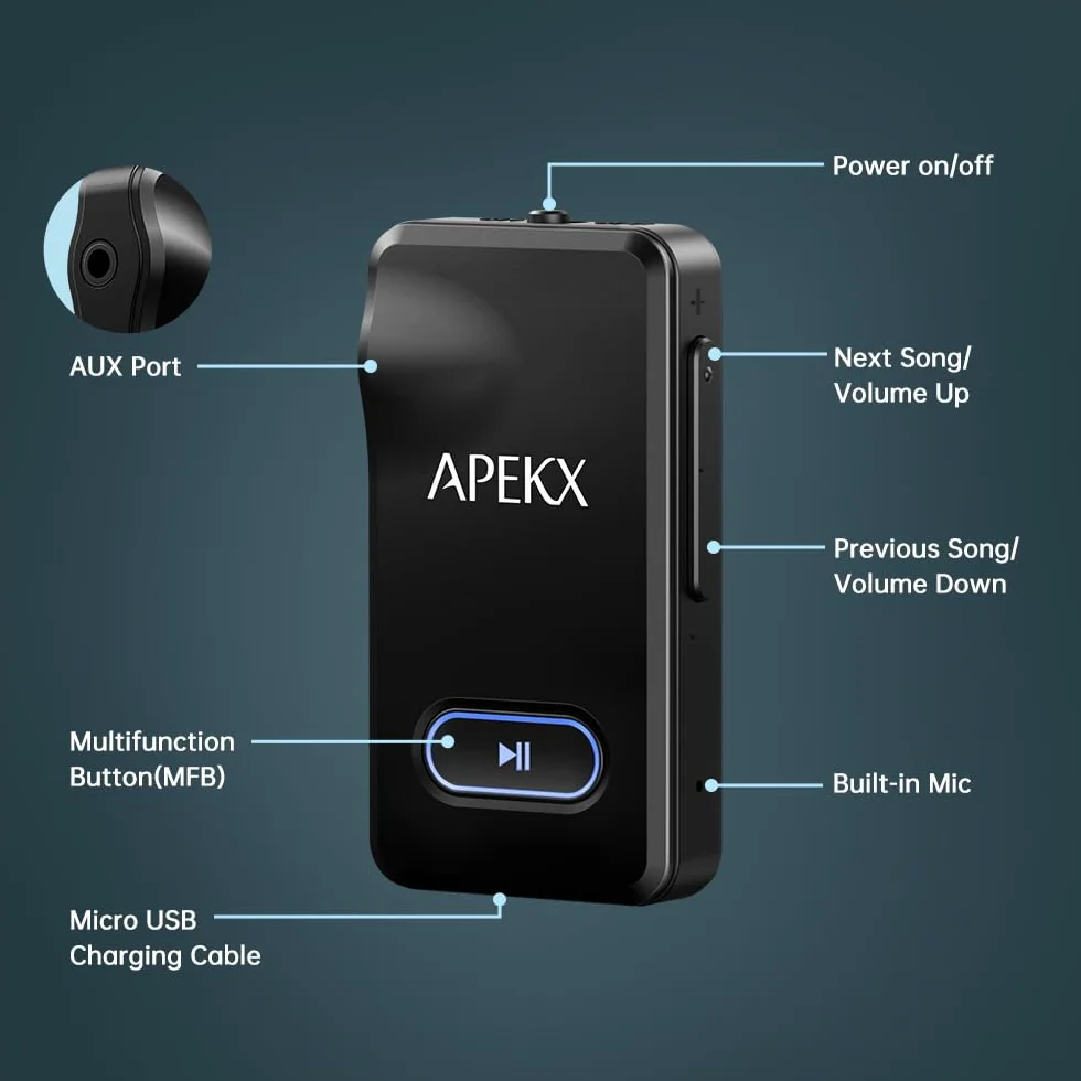 APEKX Adapter samochodowy Bluetooth, bezprzewodowy odbiornik audio Hi-Fi 3,5 mm Aux z 15 godzinami pracy na baterii, do domowego zestawu stereo, przewodowych słuchawek i głośników (czarny)