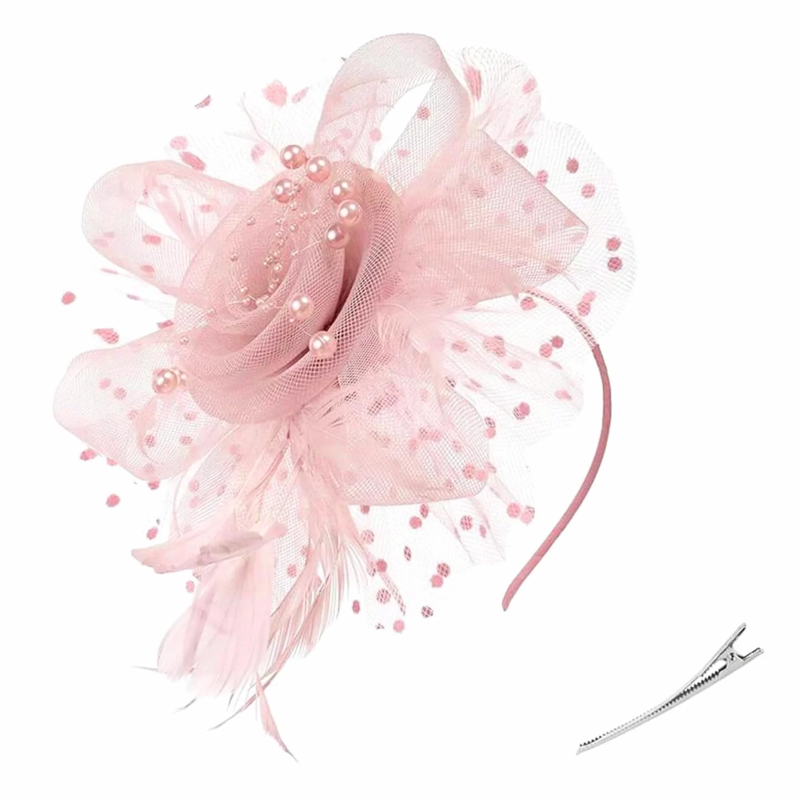 Fascynator Kapelusz z piór Ślub, Feather Fascinator Kapelusz Kwiat Siatki Pióra Ślubne Kobiety Bibi Czapki Ceremonia Kwiatowy Dzień Włosów Opaska na głowę i Klips na koktajl Tea Party