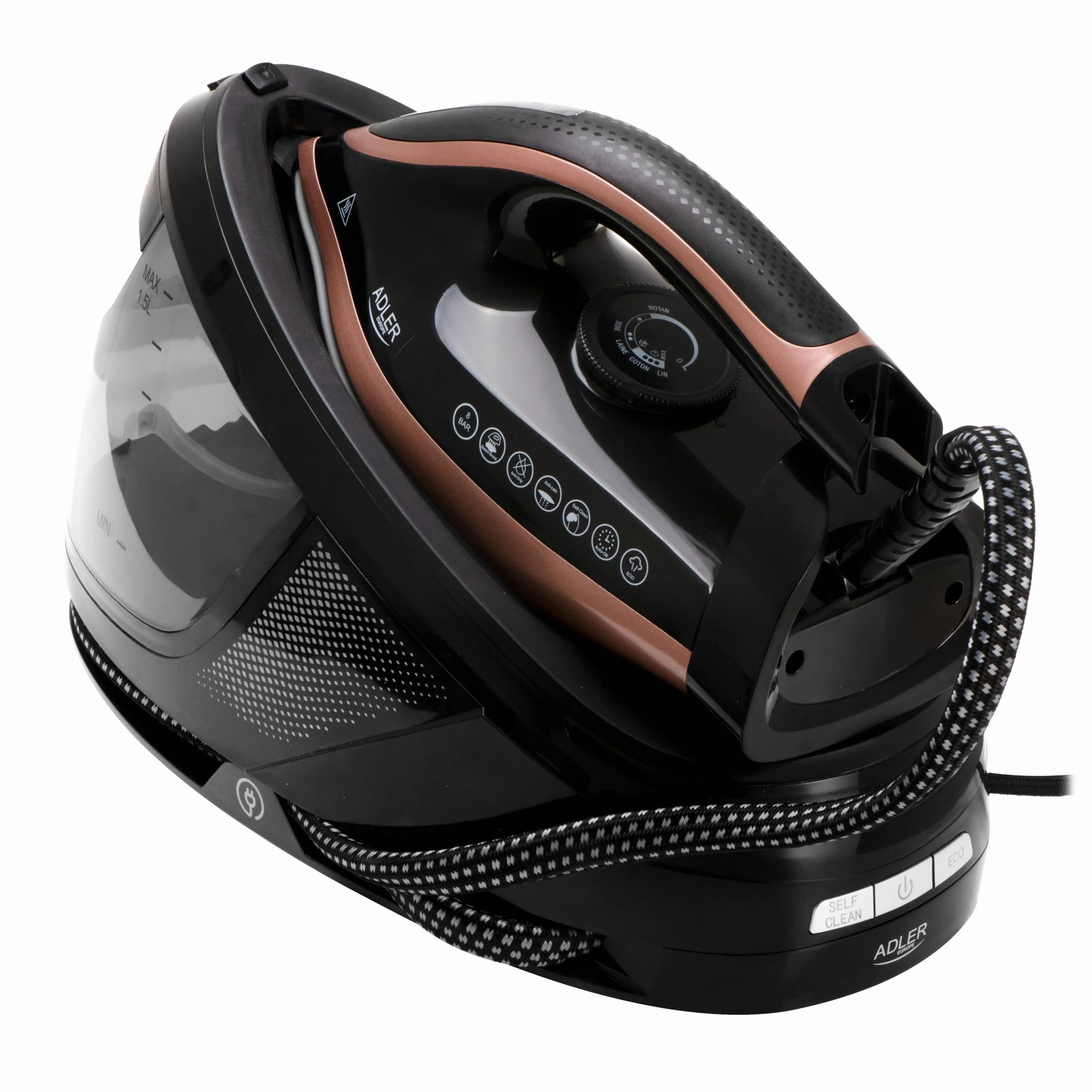 ADLER EUROPE Stacja parowa 8 bar 3100W 600g/min ceramiczna 1,5L Anti-Calc Czarny/Złoty
