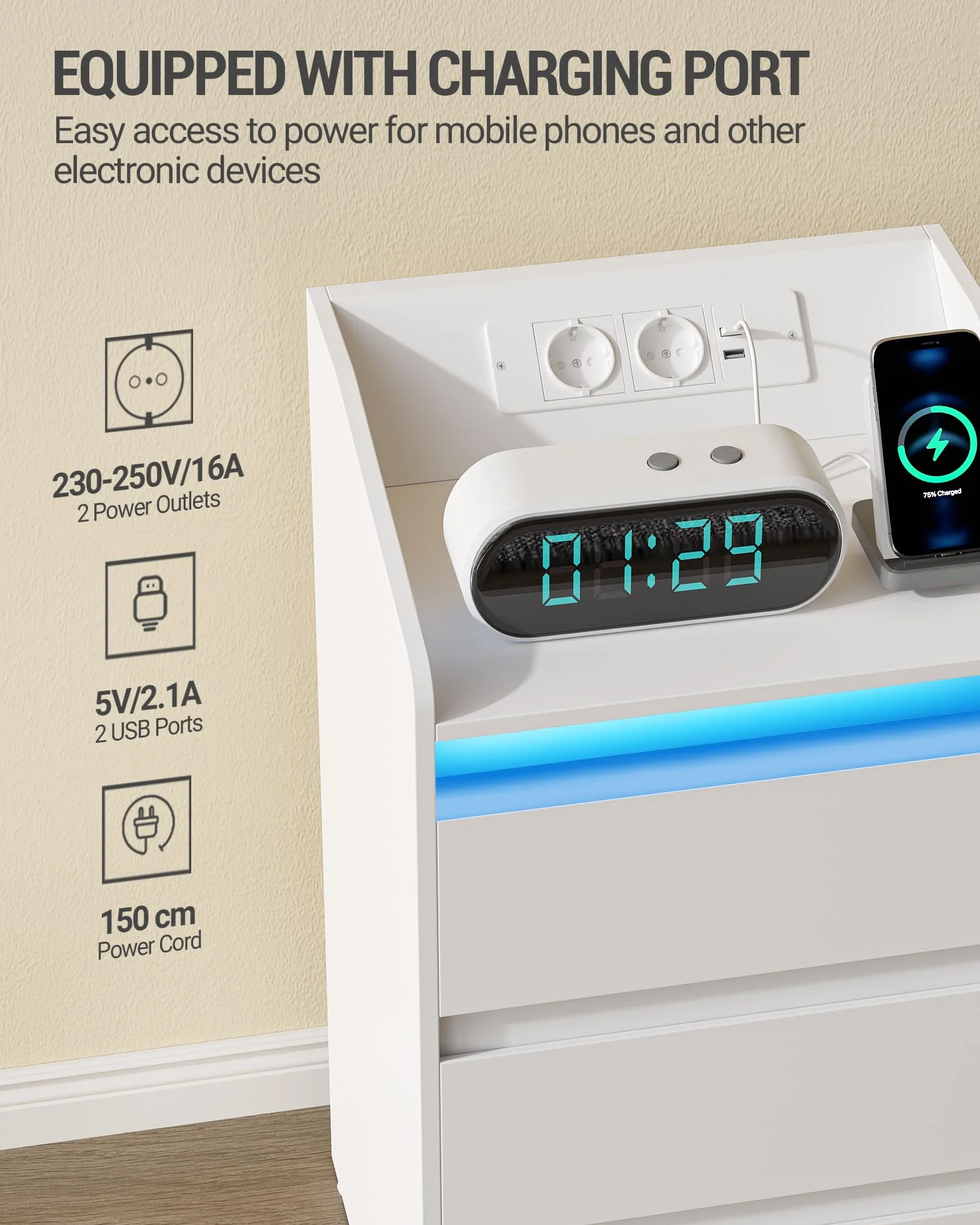 Hzuaneri Stolik nocny z 3 szufladami ze stacją ładującą LED, 2 porty AC i 2 USB, Biały, 2 szt