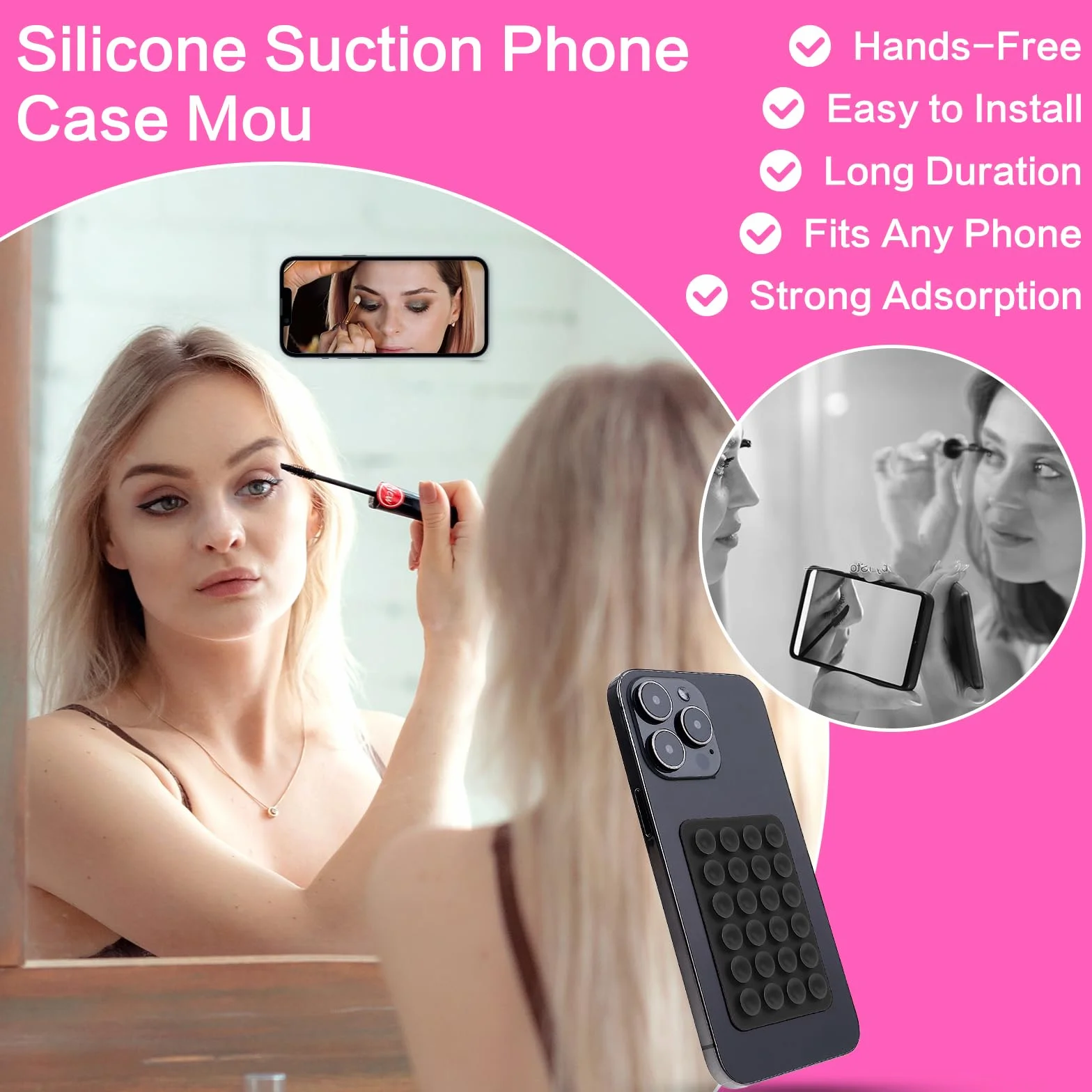 Gjinxi Silikonowy uchwyt na telefon komórkowy, przyssawki, dwustronny, przyssawka, wielofunkcyjny, antypoślizgowy uchwyt na telefon komórkowy, do selfie i filmów wideo (przezroczysty, czarny)