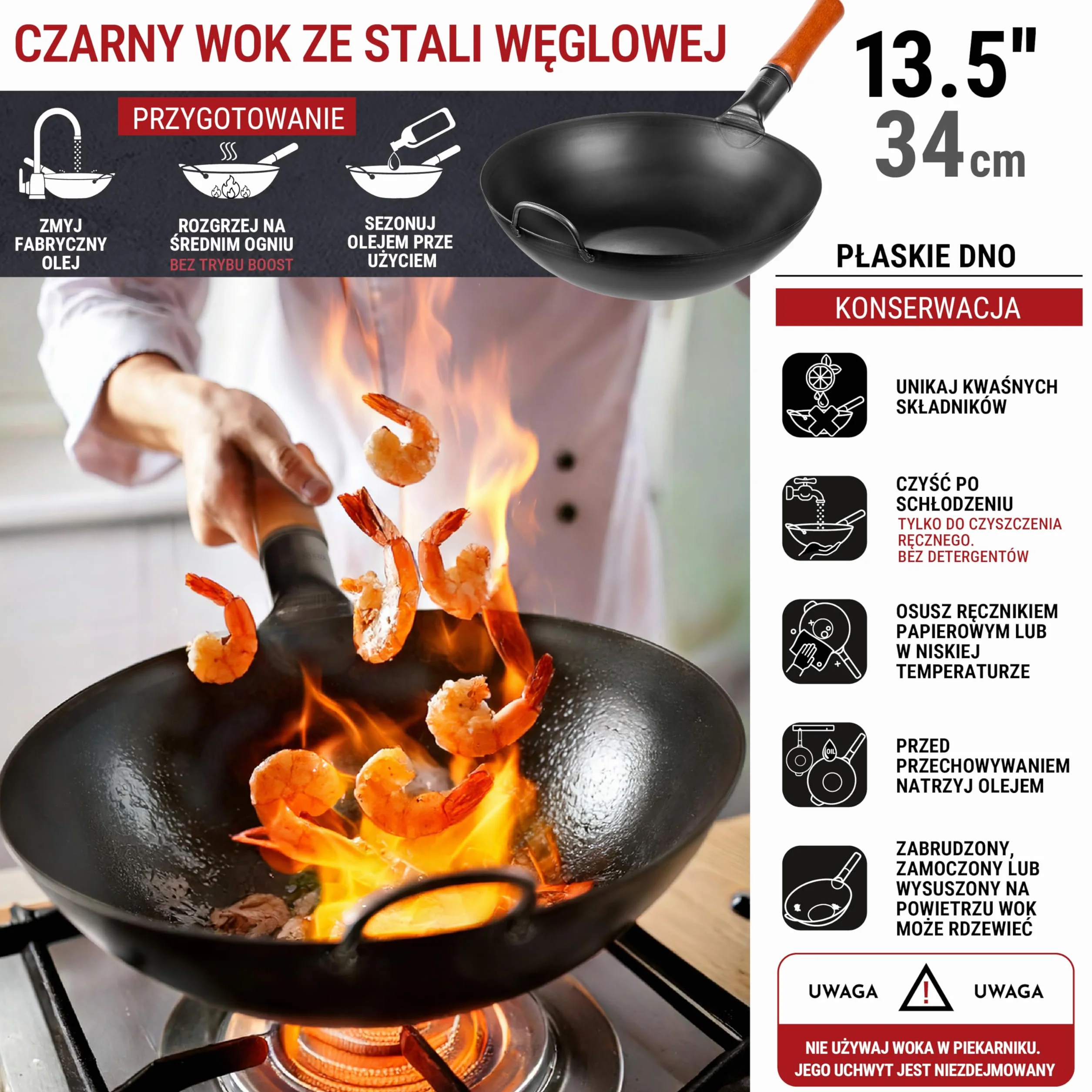 YOSUKATA Wok Stal Węglowa 34 cm - Chiński Wok z Płaskim Dnem do Stir Fry i Grillowania