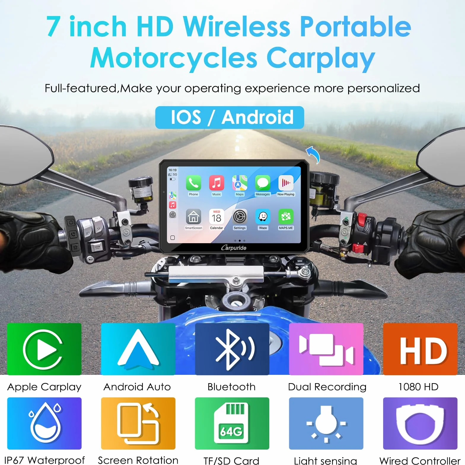 Carpuride W712D Motocyklowy ekran Carplay z kamerą samochodową 1080P HD z przodu i z tyłu, bezprzewodowy CarPlay i Android Auto, wodoodporny ekran dotykowy 17.8 cm, BT Audio, przewodowy kontroler