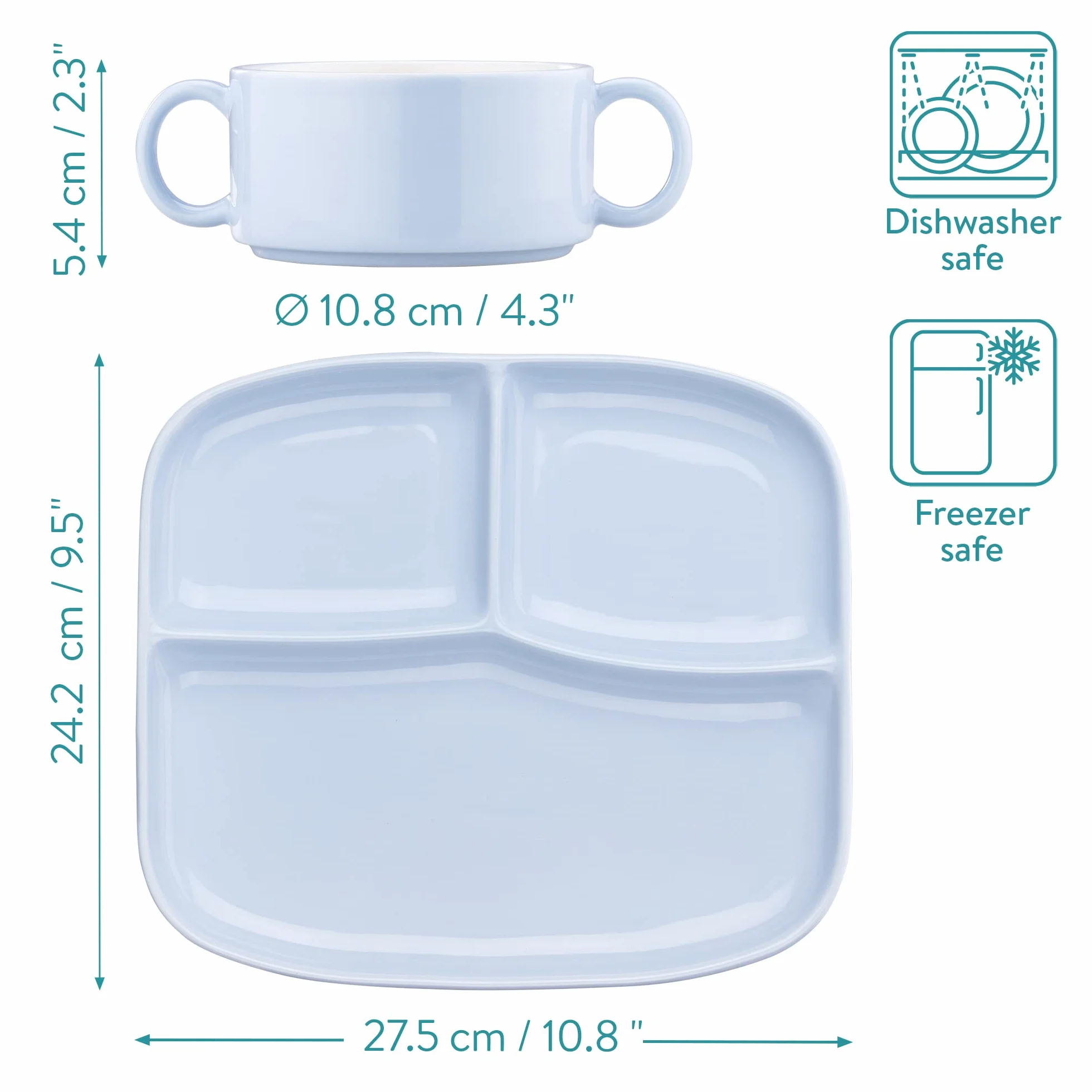 Navaris Zestaw talerzy do zupy i kanapek - wielokomorowy talerz na kanapki, niebieski baby blue ceramika i nadaje się do kuchenki mikrofalowej, miska 10 x 5 cm, talerz 27 x 24 cm