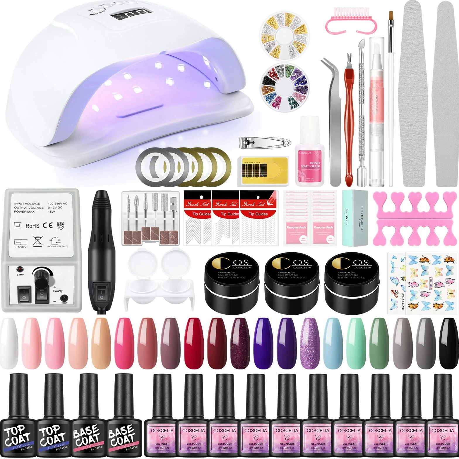 COSCELIA Zestaw 20 lakierów do paznokci UV z lampą UV/LED, 80 W, z elektryczną frezarką do paznokci, lakier żelowy, baza i top coat, zestaw startowy do paznokci żelowych