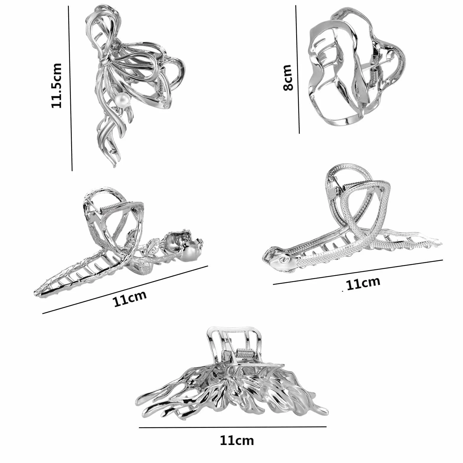 Duże spinki do włosów, srebrne, zestaw metalowych spinek do włosów, dla kobiet, dużych spinek do włosów, akcesoria do włosów dla kobiet i dziewcząt (5 sztuk)