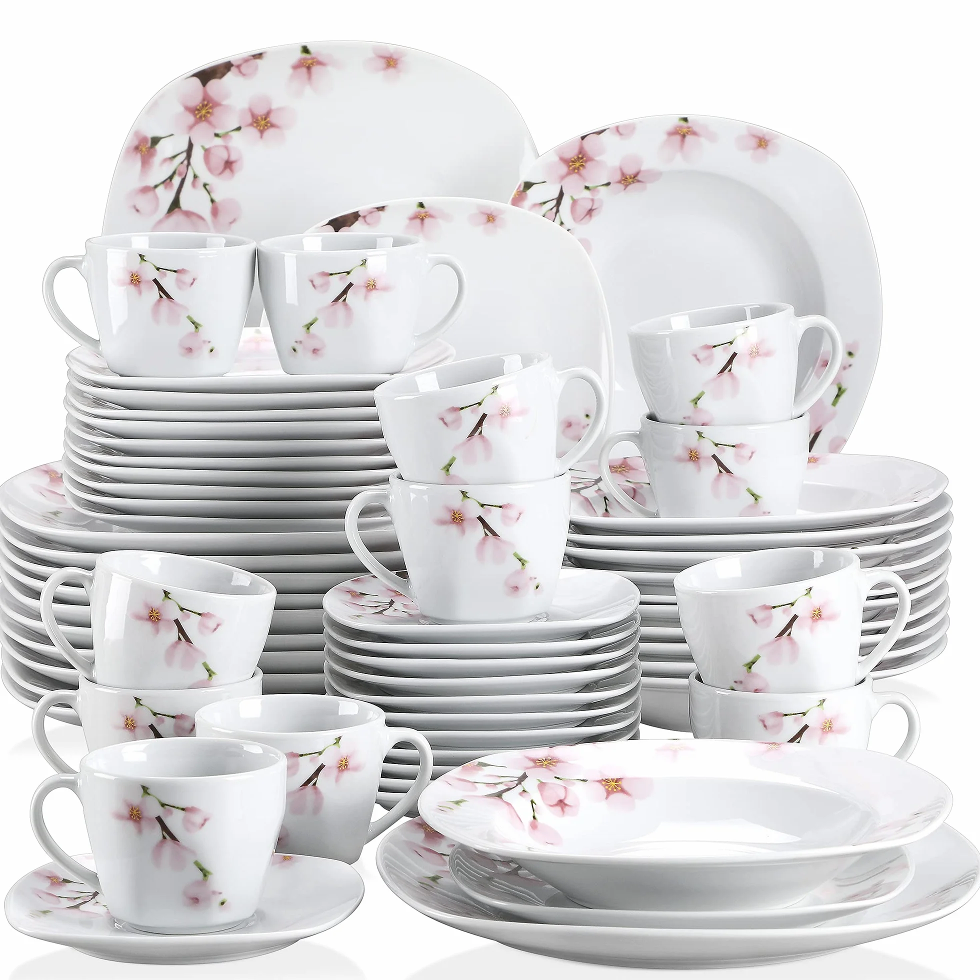 VEWEET Annie 60-częściowy zestaw obiadowy porcelanowy w kolorze kości słoniowej z różowymi kwiatami, talerze kubki spodki dla 12 osób