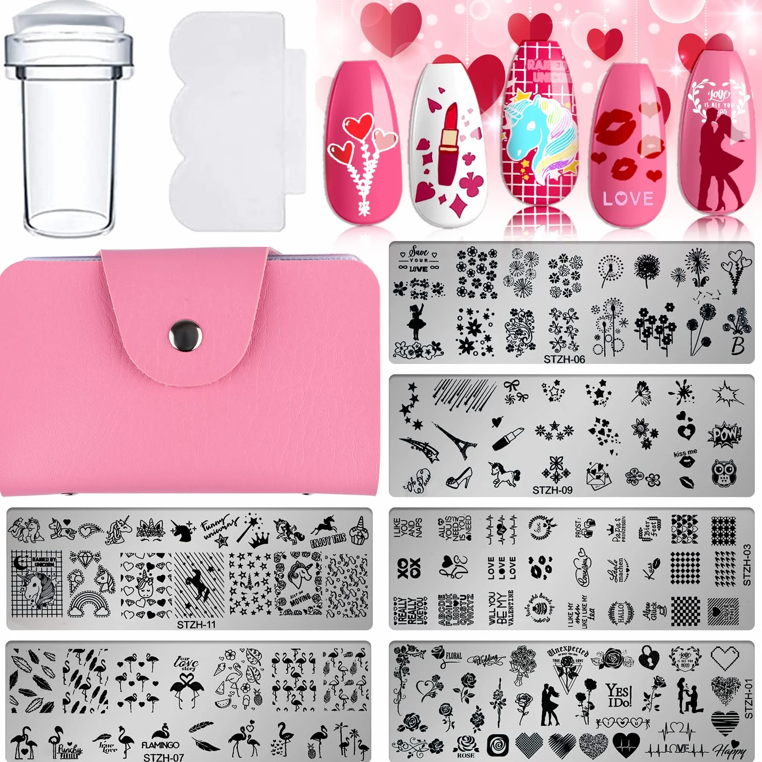 Kalolary 9 szt. Szablony do Stemplowania Paznokci Zestaw Narzędzi do Manicure Nail Plates Stemple Manicure Szablony Jednorożec Wysoki Obcas Serce Motyw do Walentynki Paznokci Płytki