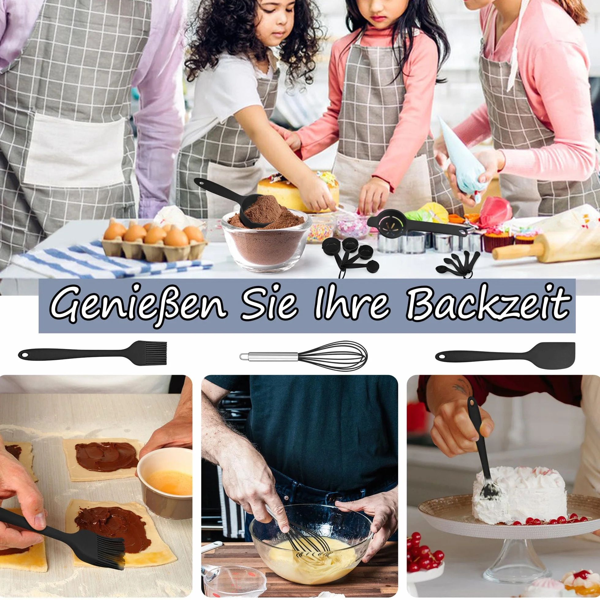 HaWare 21-częściowy silikonowy zestaw przyborów kuchennych, nieprzywierające, naczynia kuchenne z uchwytem na przybory kuchenne, można myć w zmywarce, kolor czarny