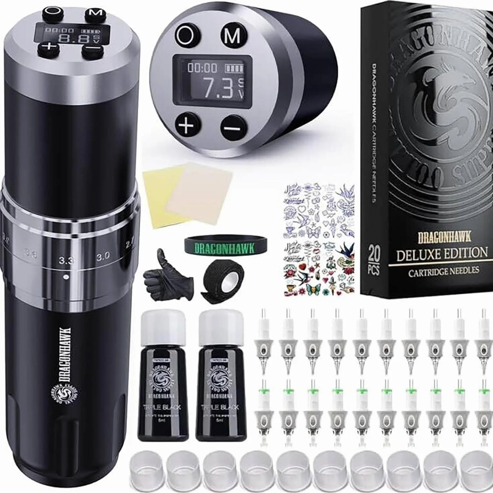 Dragonhawk Tattoo Machine Kit Rotary Wireless Tattoo Pen with 2 pcs Batteries, Adjustable Stroke Length, Motor Gun, 20 Count Glide Extra Smooth Tattoo Needle Cartridges 1