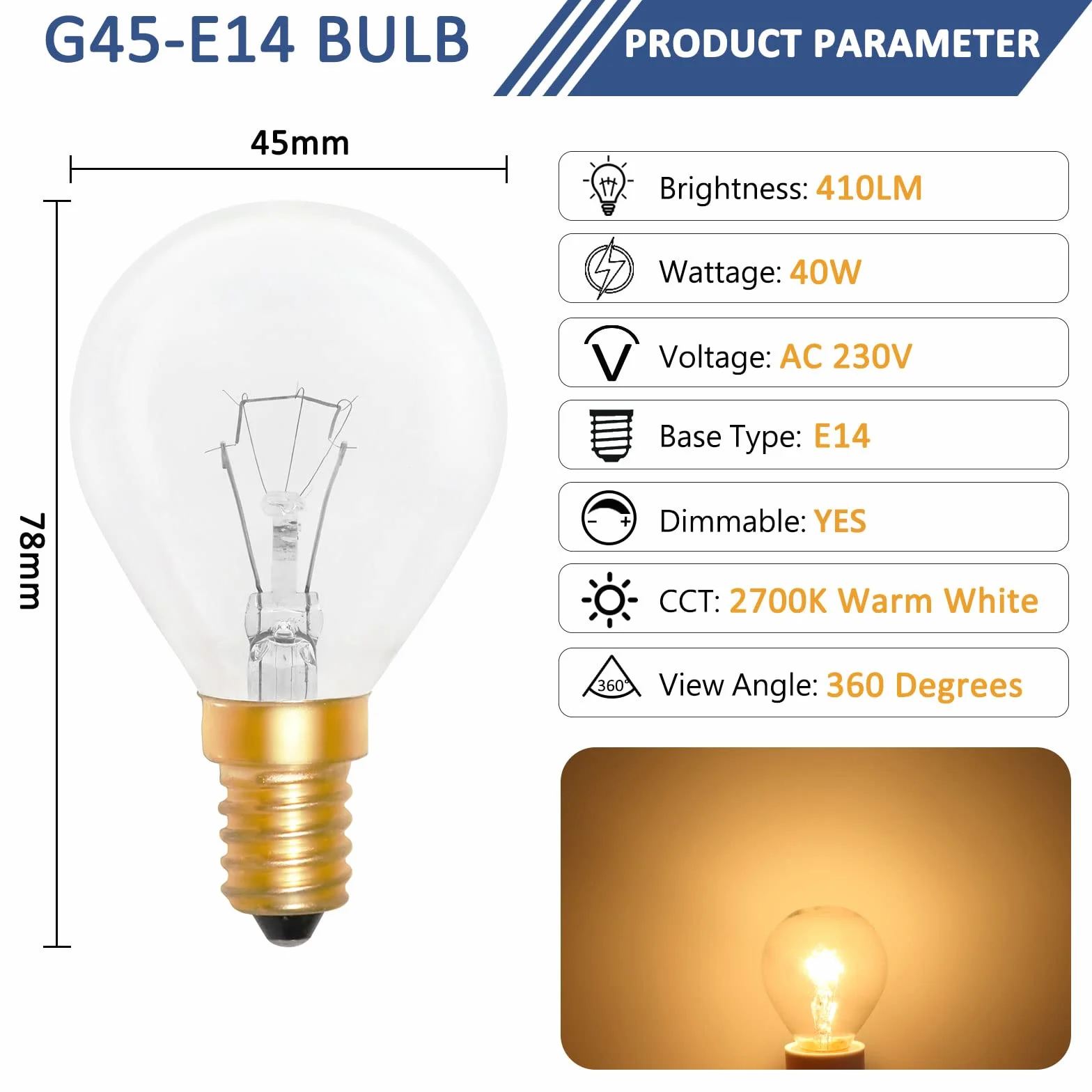 Ampoule de Four Dimmable Edison E14 G45 410LM 2700K Blanc Chaud Lot de 2