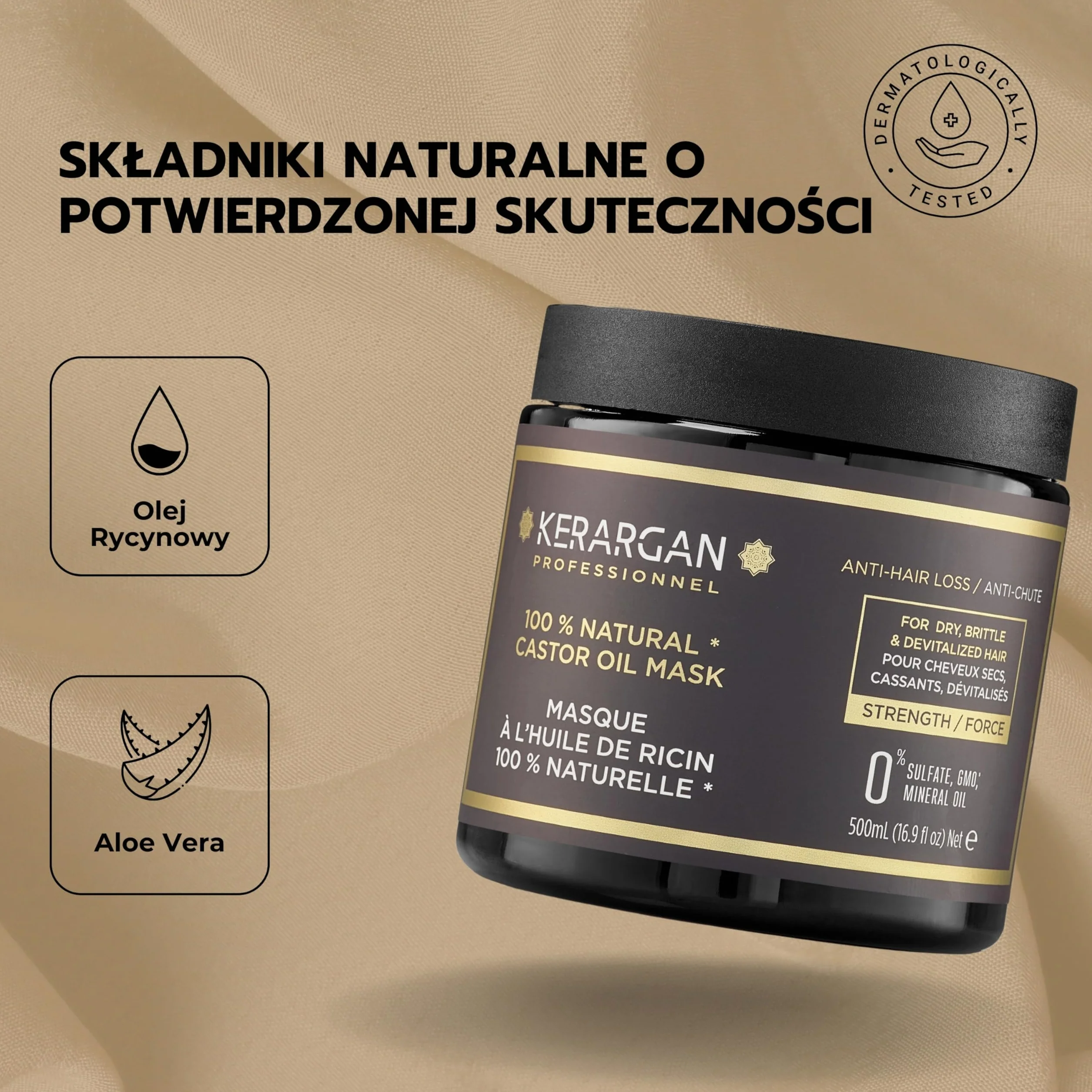 Kerargan - Maska do Włosów Przeciw Wypadaniu z Olejem Rycynowym - Intensywna Pielęgnacja dla Suchych i Łamliwych Włosów - Wzbogacona w Aloes - Bez Sulfatów, GMO, Oleju Mineralnego - 500ml