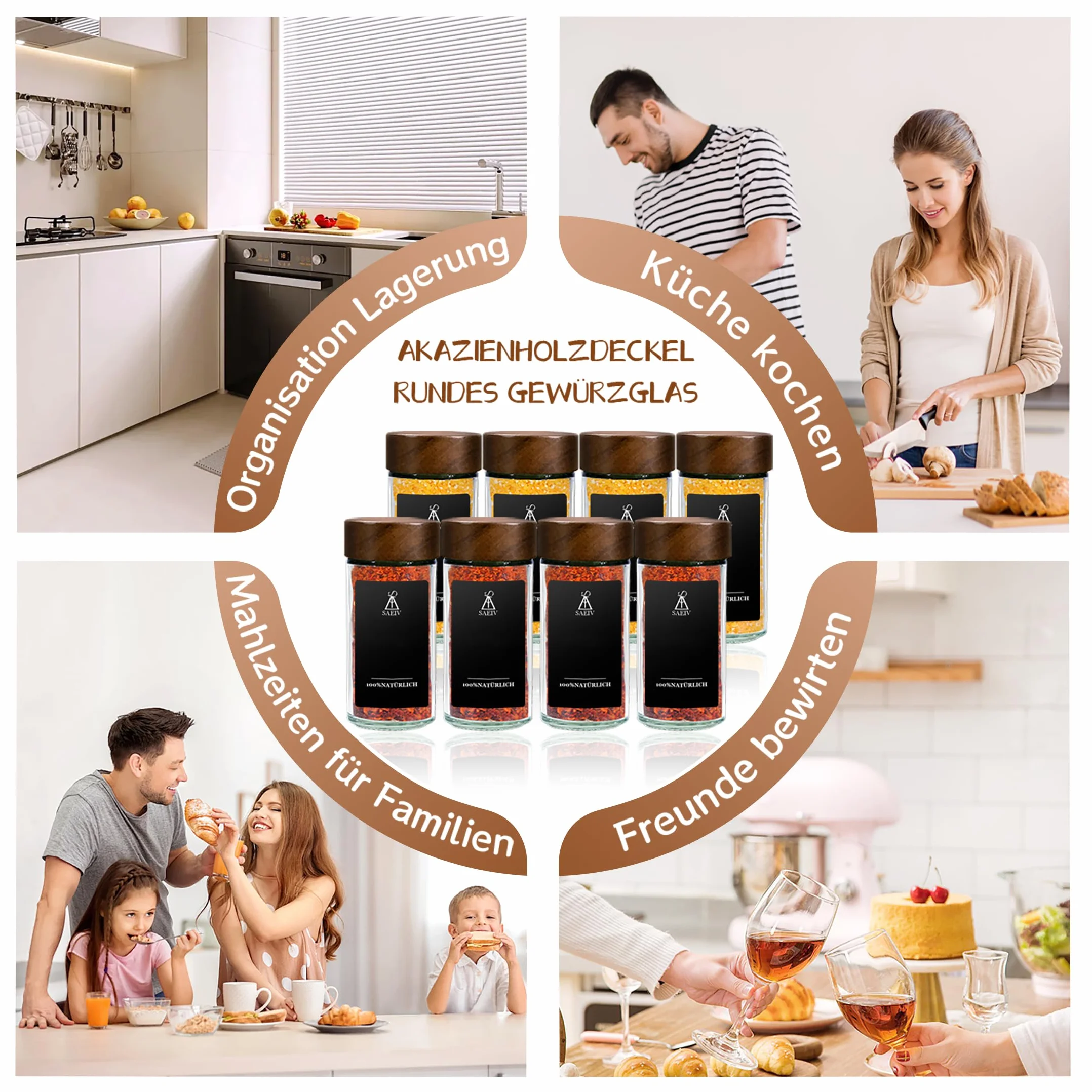 Pojemnik na przyprawy z drewna akacjowego 24 x 120 ml, zestaw słoików okrągłych