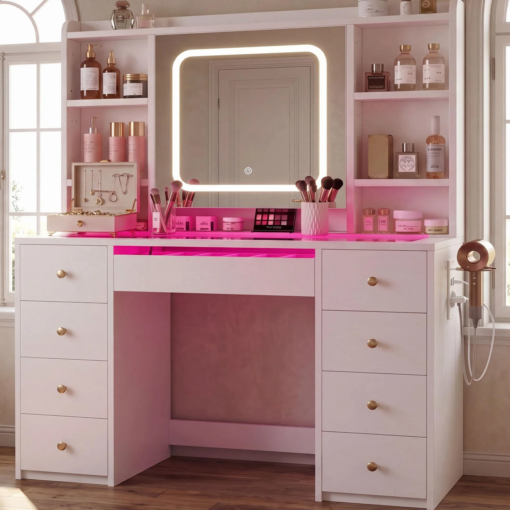Heybly Makeup Vanity Desk with LED Mirror, Large Dressing Table Glass Top, RGB Lights, Power Outlets & USB Ports, 9 Drawers, Modern White