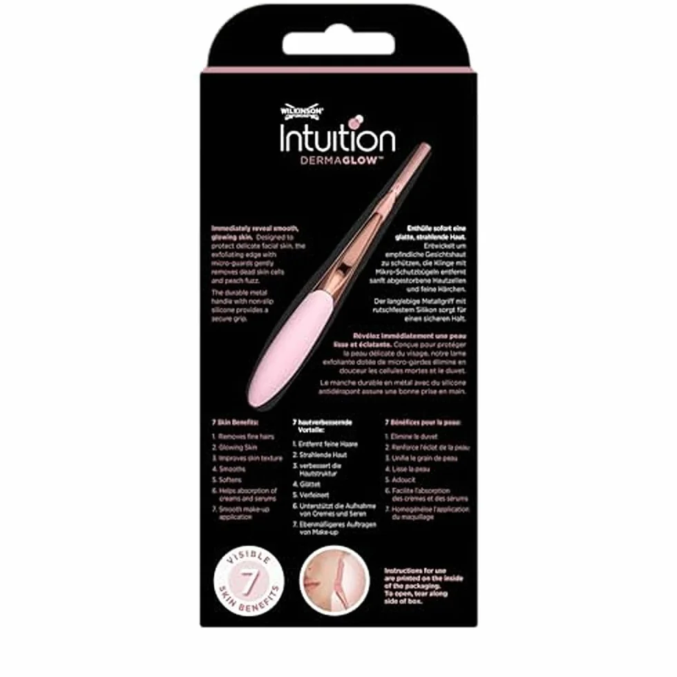Wilkinson Sword Intuition Dermaglow maszynka do golenia Dermaglow idealna do złuszczania, profilowania brwi, przycinania i usuwania włosów na twarzy, różowa, 1 uchwyt i 2 wkłady