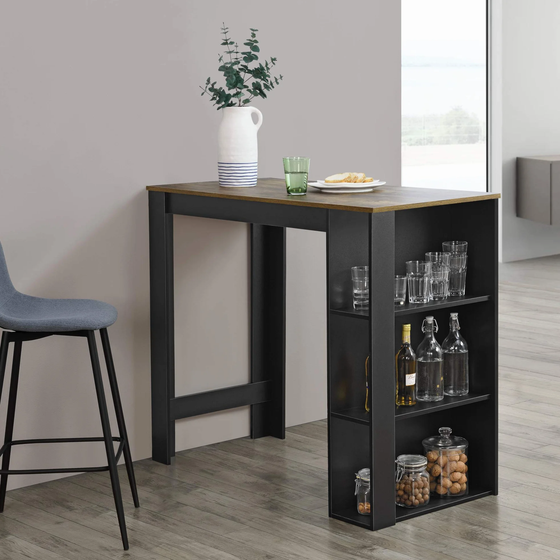 Stolik barowy ze zintegrowanym barkiem domowym 120x60x106 cm czarny o wyglądzie dębu