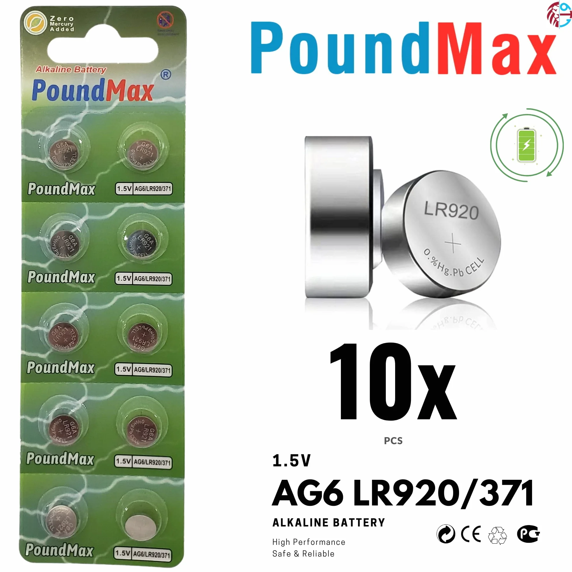 10 x AG6 370 371 LR921 LR69 SR920SW LR920 1,5 V PoundMax alkaliczna bateria guzikowa