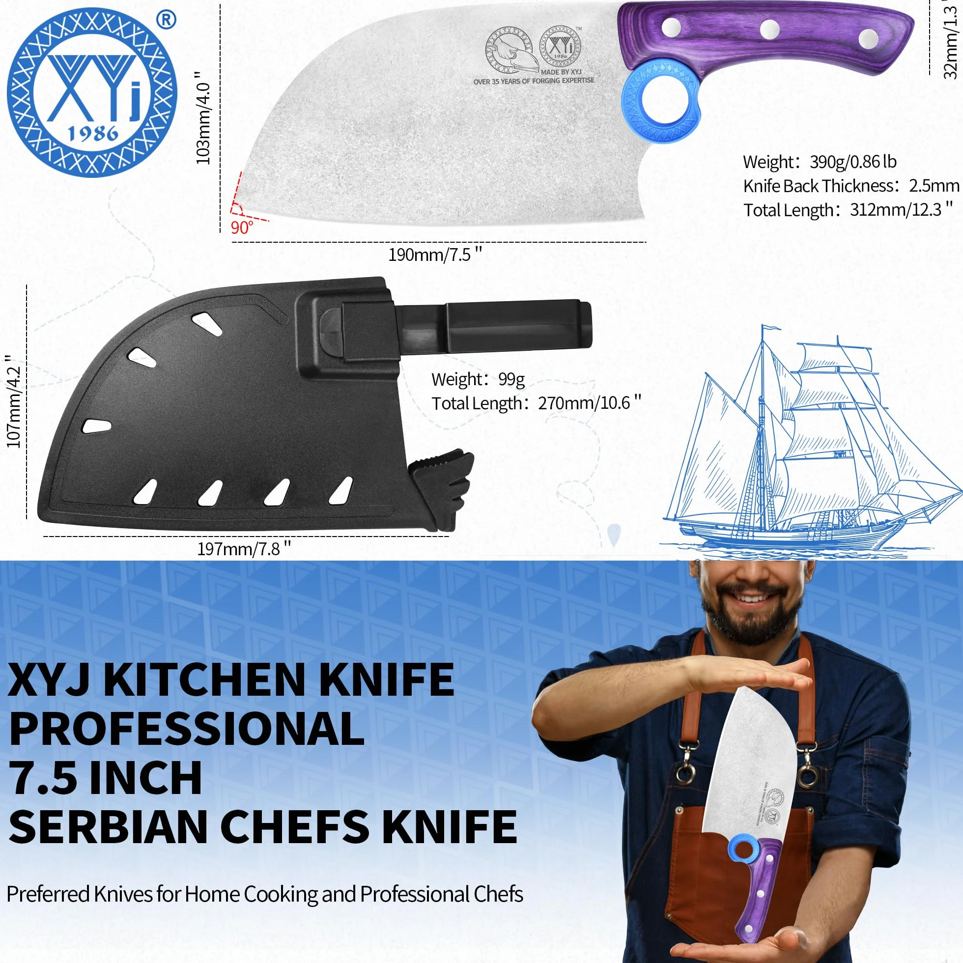XYJ Wytrzymały duży tasak do mięsa, serbski nóż rzeźniczy szefa kuchni z etui, nóż kuchenny do warzyw szefa kuchni, pełny trzpień do biwakowania na świeżym powietrzu, drewniana rękojeść z pochwą