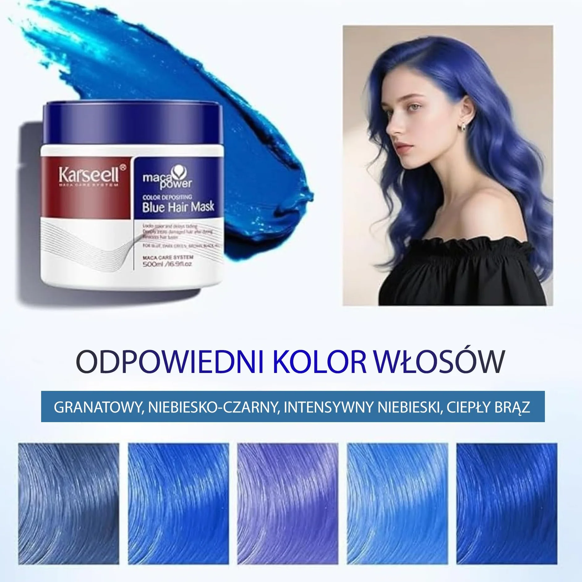 Karseell MACA CARE SYSTEM Maska do włosów z niebieskim pigmentem Tonacja Odświeżanie koloru Wzmocnione chłodne odcienie niebieskich barw Hydratuje Naprawia Przeciwko puszeniu się Dla suchych