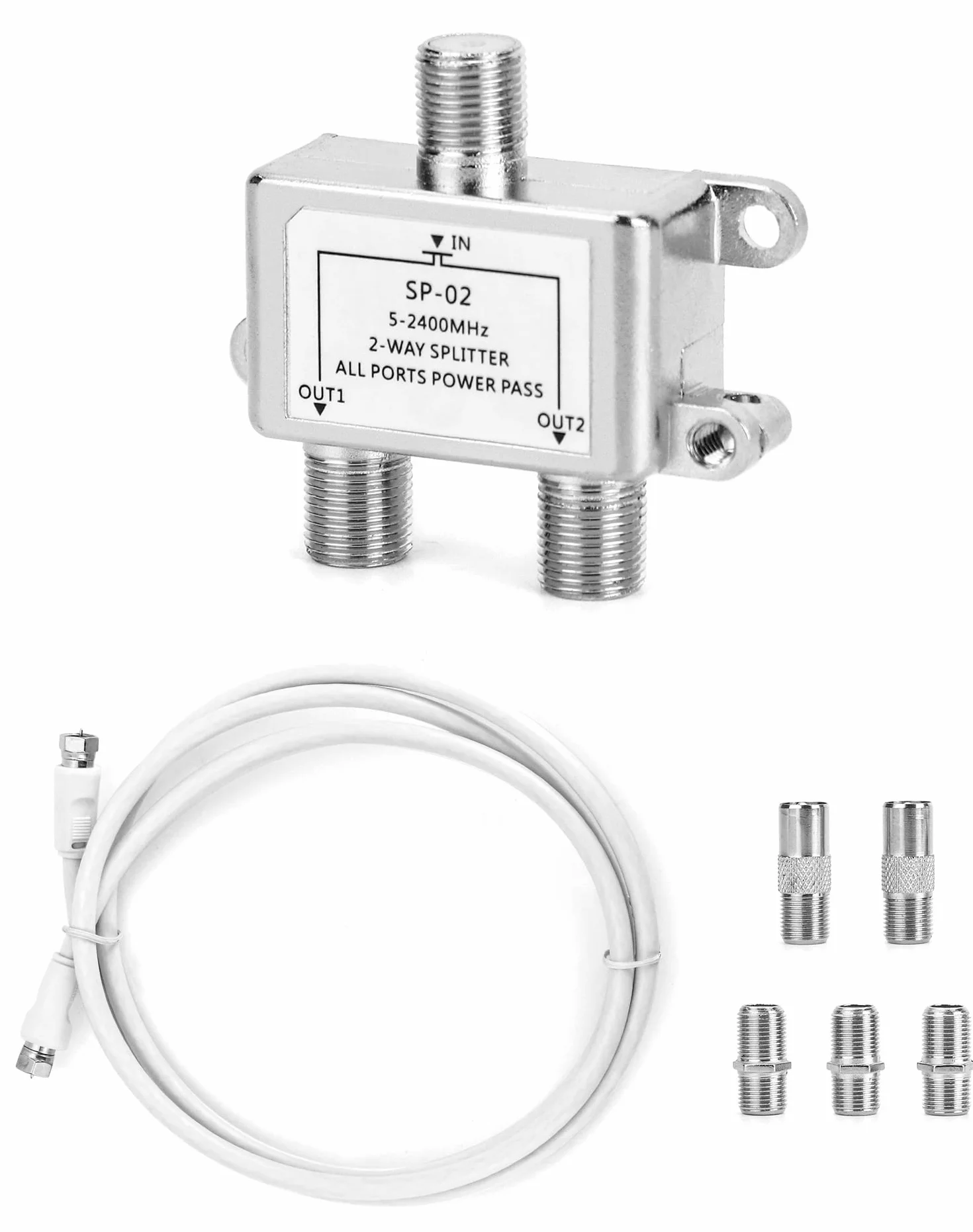 QWORK® Sat rozproszony, 2-drożny split, do systemów satelitarnych, w tym adapter + kabel + 2 x wtyk F do wtyku koncentrycznego + 3 x gniazdo F do złącza koncentrycznego