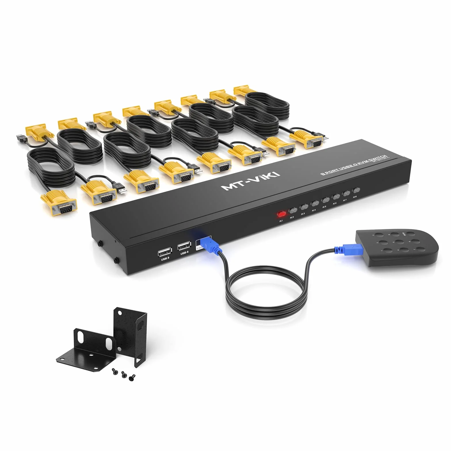 MT-VIKI VGA KVM Switch 8 Port 1U Rackmount KVM Switch 8x1 obsługuje klawiaturę, mysz, głośnik USB, w zestawie kabel 8XKVM, zestaw 2 x stojak