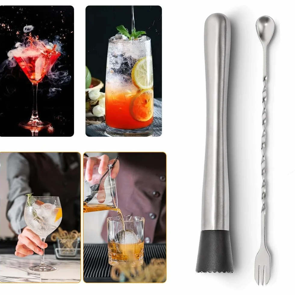 Tłuczek do koktajli ze stali nierdzewnej z łyżką barową, akcesoria do mojito