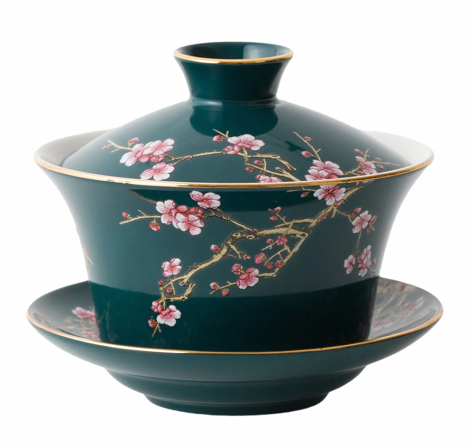 Porcelanowy gajwan YBK Tech 295 ml do herbaty kung fu z pokrywką i spodkiem, tradycyjny chiński, wzory śliwkowe (zielony)