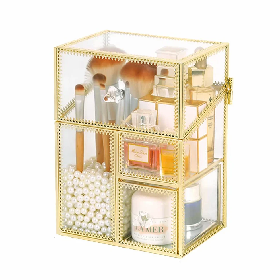 YUEHUA Wielofunkcyjny uchwyt na pędzle do makijażu, w stylu vintage, przezroczyste szkło, organizer na pędzle do przechowywania perfum, lakieru do paznokci, szminek, kremu do twarzy, pędzli do