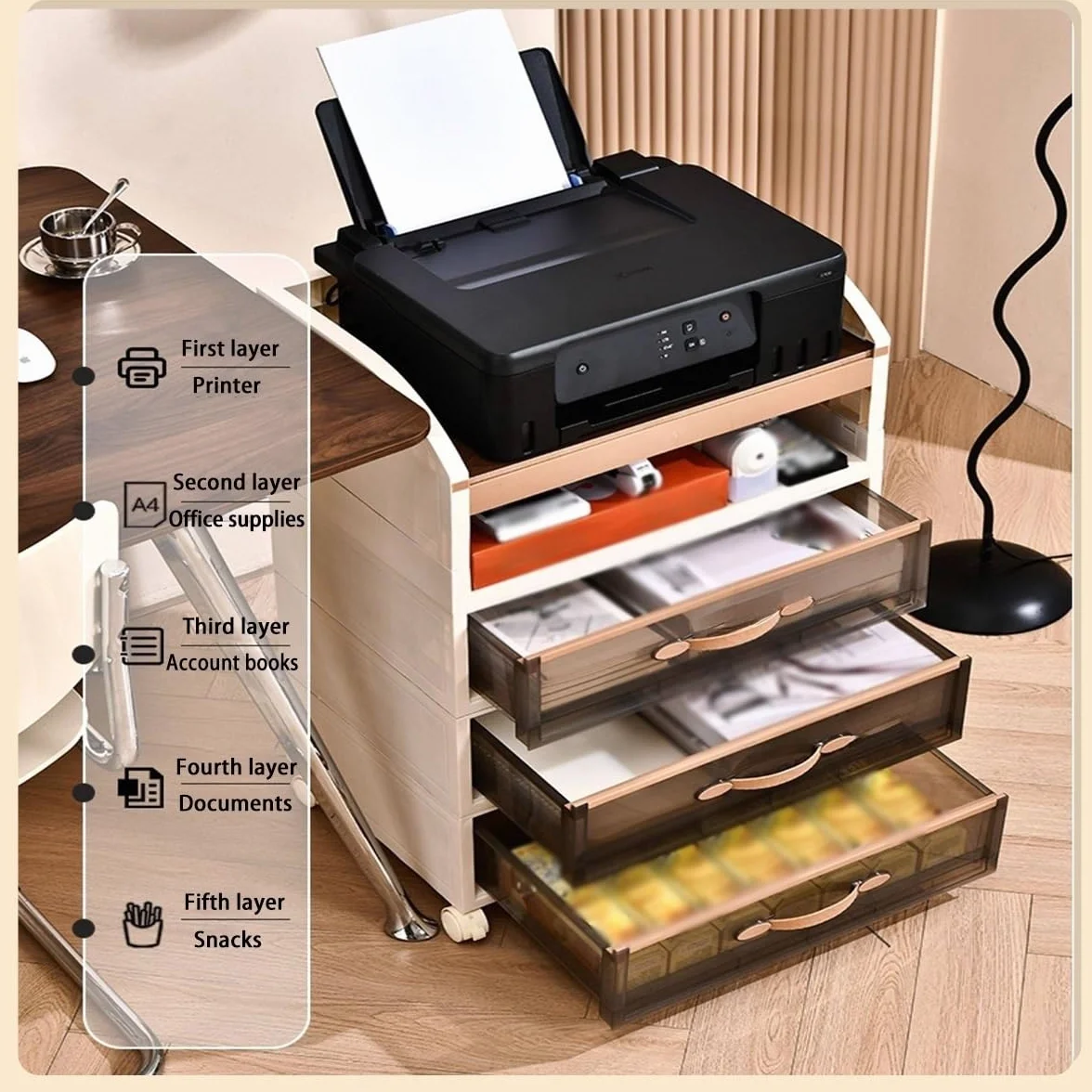 Multi-layered Printer Stand Mobile Printer Cart with Transparent Drawers and Wheels for A4 Documents Home Office