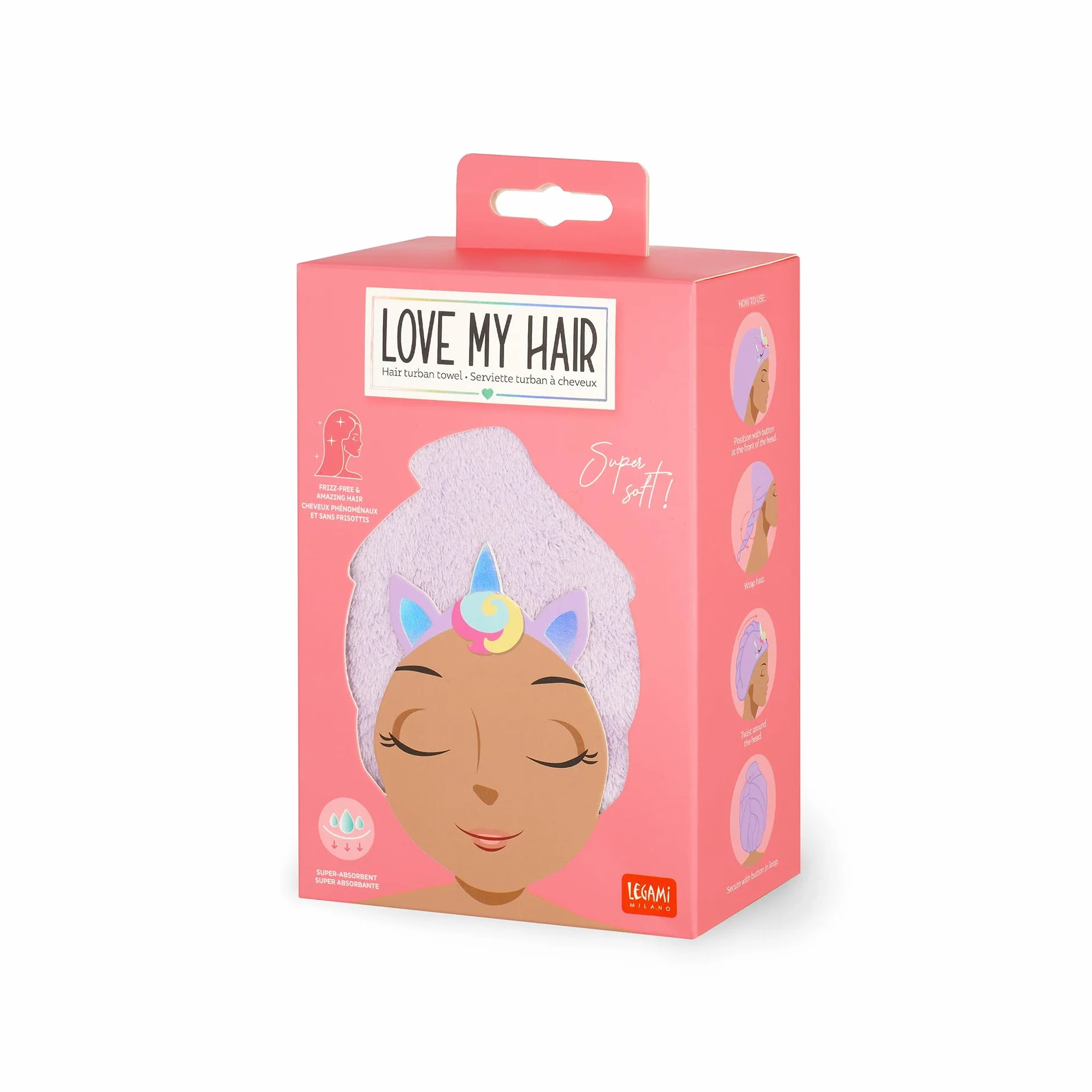 Legami - Love My Hair Turban do włosów, szybkoschnący, z mikrofibry, super chłonny, miękki, zapobiegający puszeniu się, damski ręcznik do włosów, zapięcie na guzik, motyw jednorożca