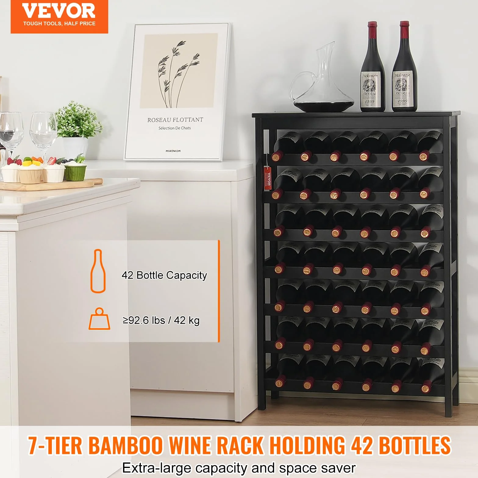 VEVOR Regał na wino 42 butelki 7 Stopniowy z Litego Drewna Bambusowego Wolnostojący