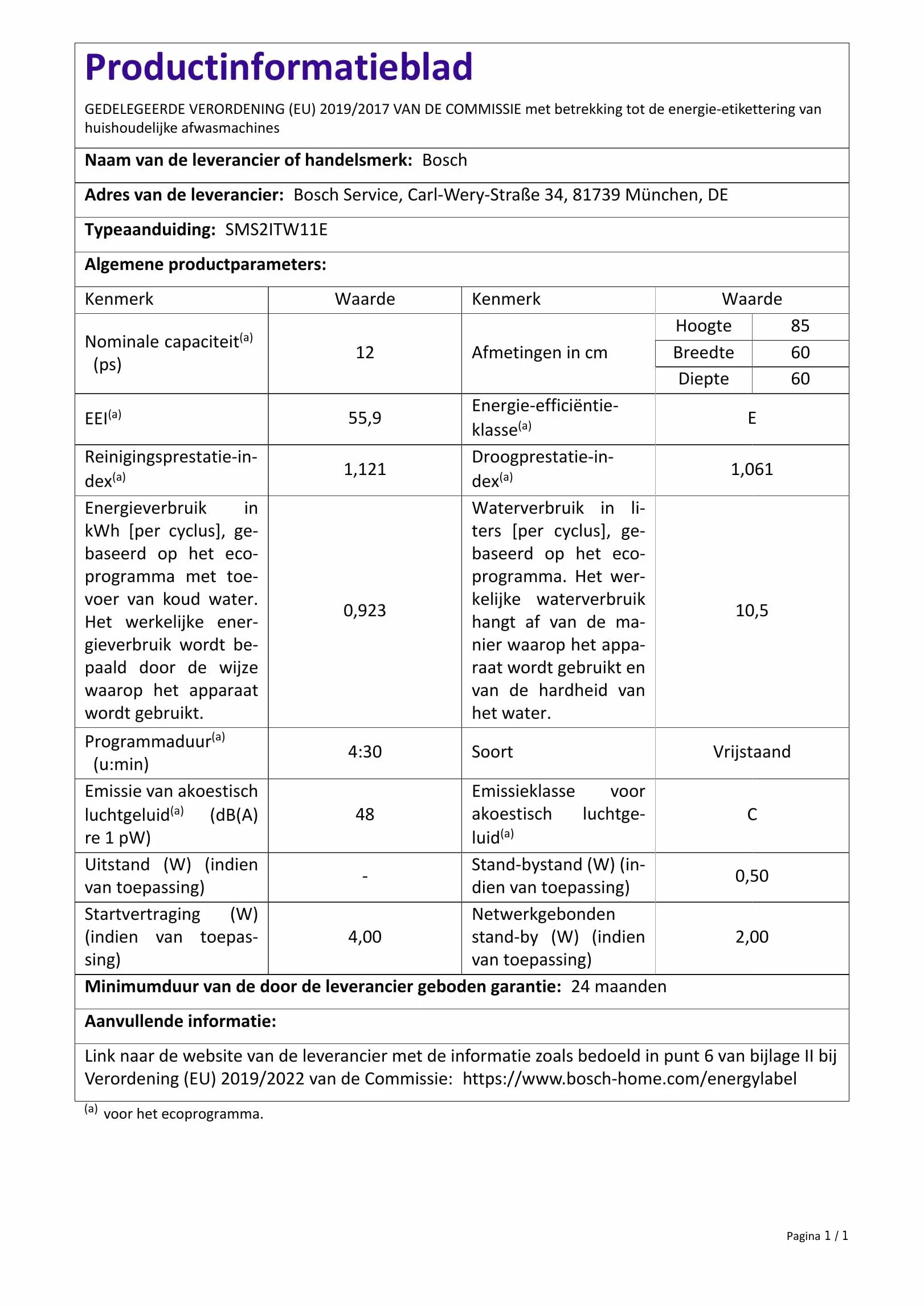 Bosch SMS2ITW11E Seria 2 Zmywarka swobodnie pozycjonowanie 60 cm biały