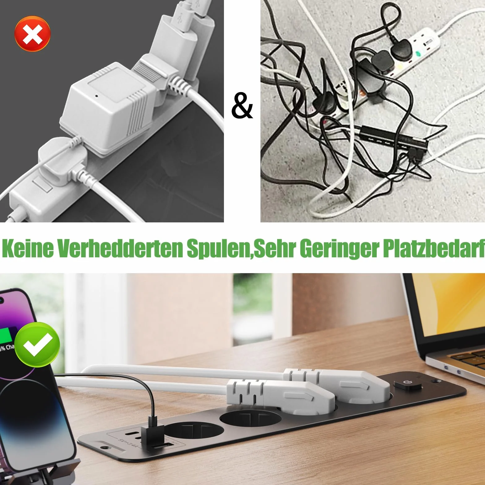 Listwa zasilająca stołowa z 4 gniazdami wtykowymi z 2 portami USB i 2 typami C, wpuszczane gniazdko z kablem 2 m, 250 V/16 A, do mebli lub powierzchni roboczych, czarna