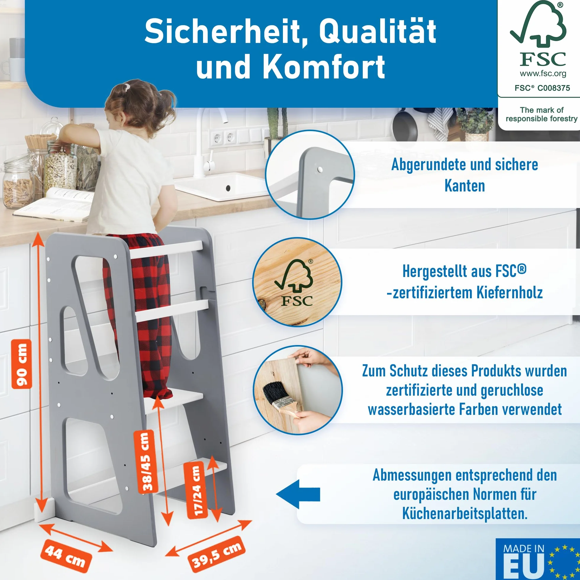 MEBLE WRÓBEL® Wieża edukacyjna Montessori z regulacją wysokości z litego drewna FSC