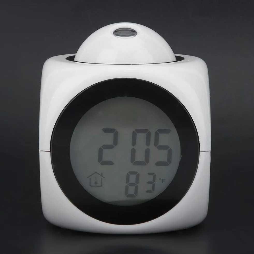 Ymiko Nowoczesny budzik z projektorem cyfrowym LED, mini wielofunkcyjny wyświetlacz temperatury, zegar projekcyjny mówiący głosowo, 12/24 godziny, przełączany wystrój domu (biały USB)