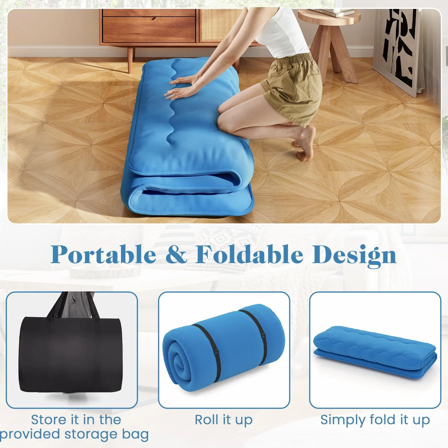 LIFEZEAL Futon materac japoński składany przenośny Tatami 140 x niebieski