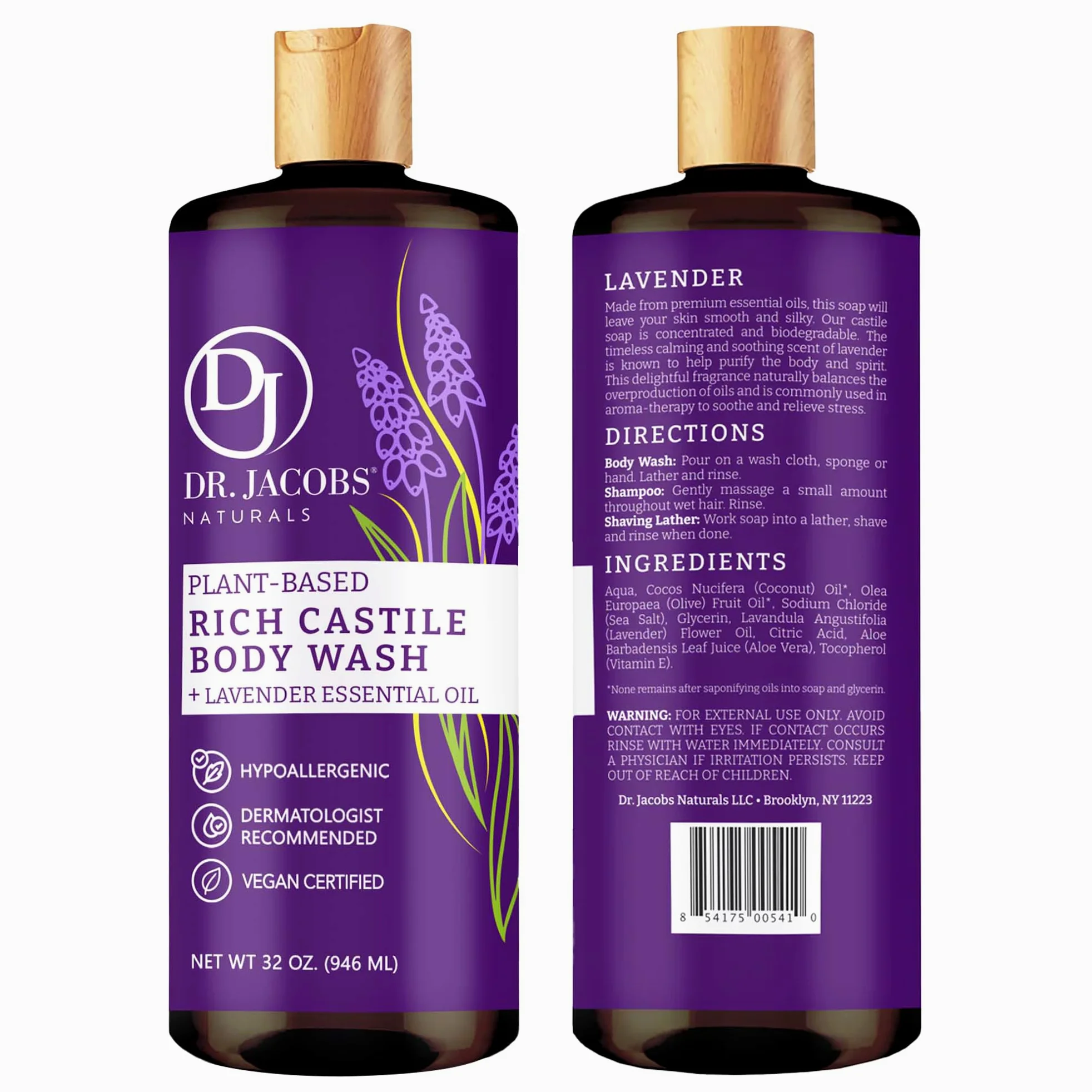 DR.JACOBS NATURALS Kastylia, czyste mydło w płynie, bez oleju palmowego i GMO, naturalny żel do kąpieli do twarzy i ciała, bez parabenów, siarczanów, syntetyki, gltuen, lawenda, 32 uncje