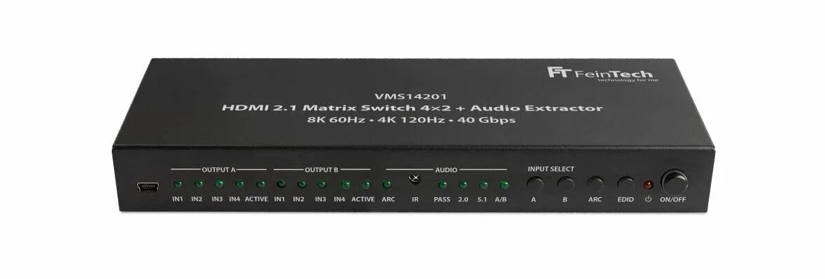 FeinTech VMS14201 HDMI 2.1 Matrix Switch 4 x 2 przełącznik 4K 120 Hz 8K Ultra HD 4 w 2 Out Audio Extractror ARC Toslink SPDIF Downscaler do Xbox PS5 TV Monitor HDR VRR 40 Gbps