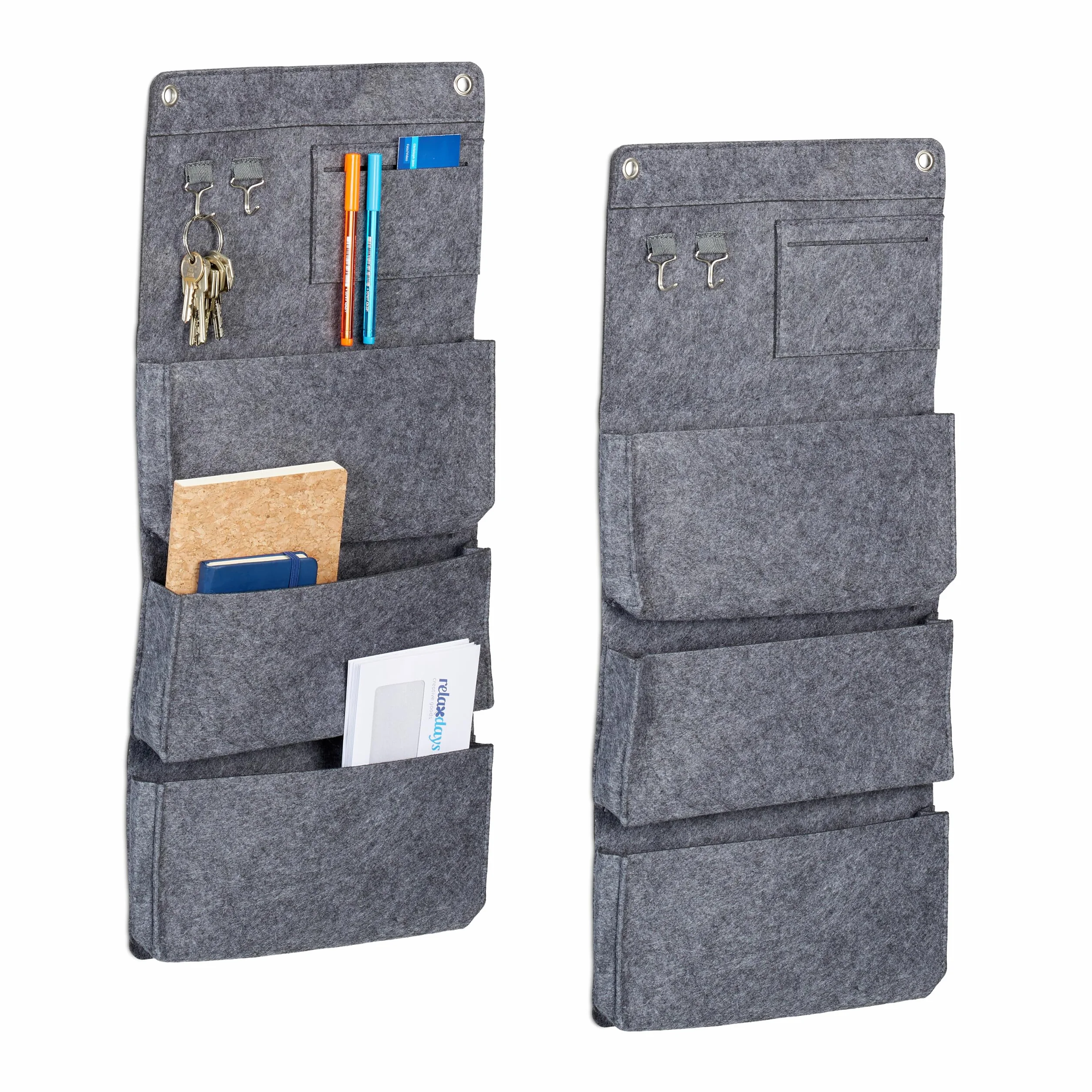Relaxdays Organizer wiszący, zestaw 2 szt., 4 przegródki, 2 haczyki, wys. x szer.: 65 x 30 cm, łazienka, korytarz, biuro, organizer do zawieszenia, filc, szary