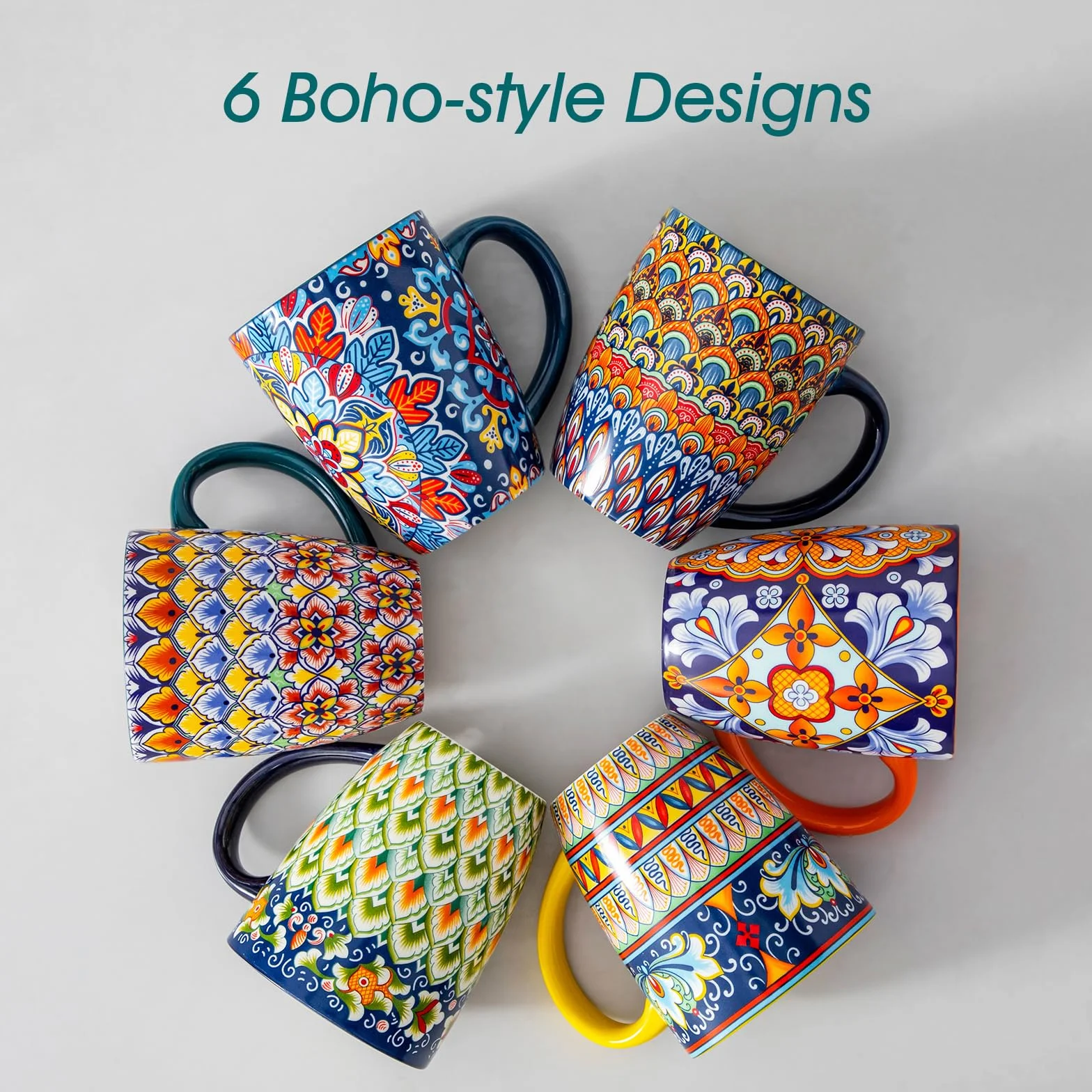 vancasso SIMI Zestaw 6 porcelanowych kubków do kawy, 480 ml, w stylu boho, z uchwytem, nadają się do kuchenki mikrofalowej i zmywarki, nadają się do wszystkich rodzajów napojów
