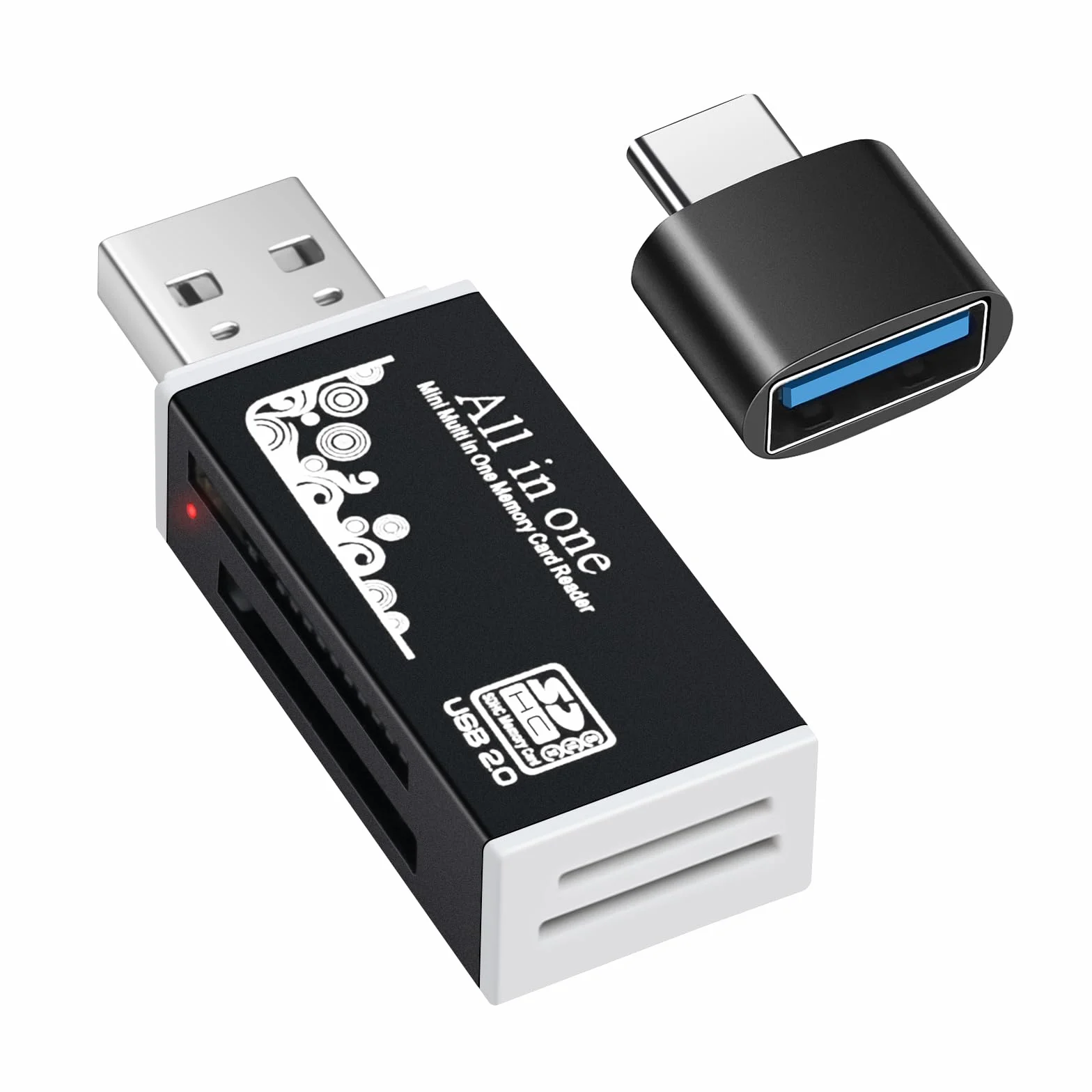 Czytnik kart pamięci USB, czytnik kart BORLTER CLAMP USB do komputera z adapterem typu C, obsługuje karty CF, SD, MMC.