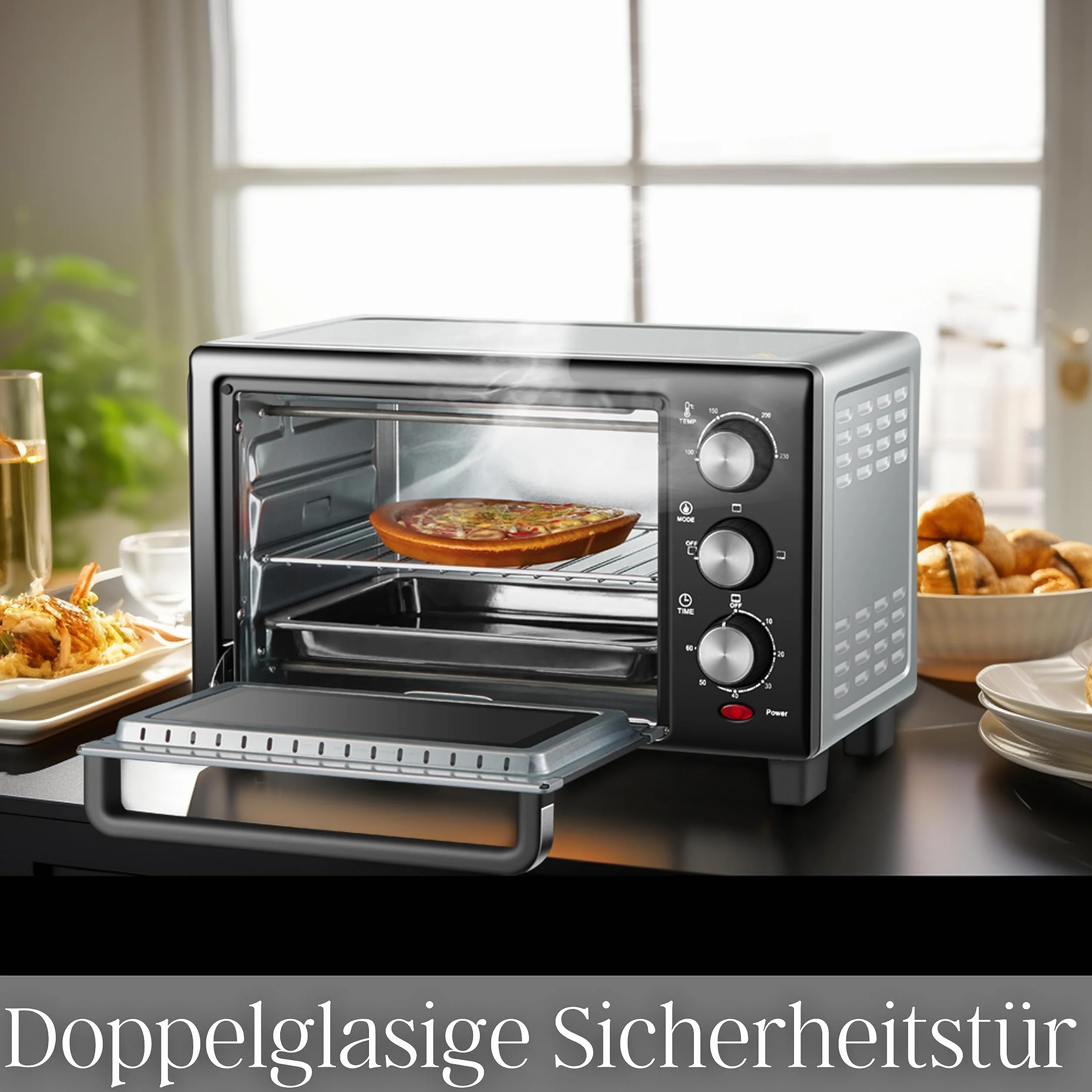 Mini piekarnik o pojemności 15 litrów | 1200 W | 3 w 1 | blacha na okruchy | Grzejnik górny/dolny | Wolnostojący | 60 minut timera