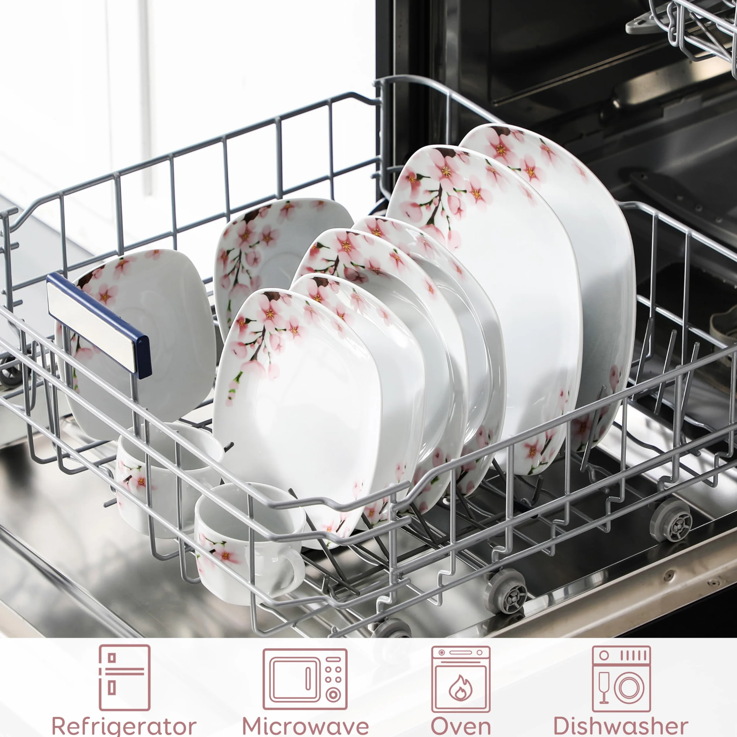 VEWEET Annie 60-częściowy zestaw obiadowy porcelanowy w kolorze kości słoniowej z różowymi kwiatami, talerze kubki spodki dla 12 osób