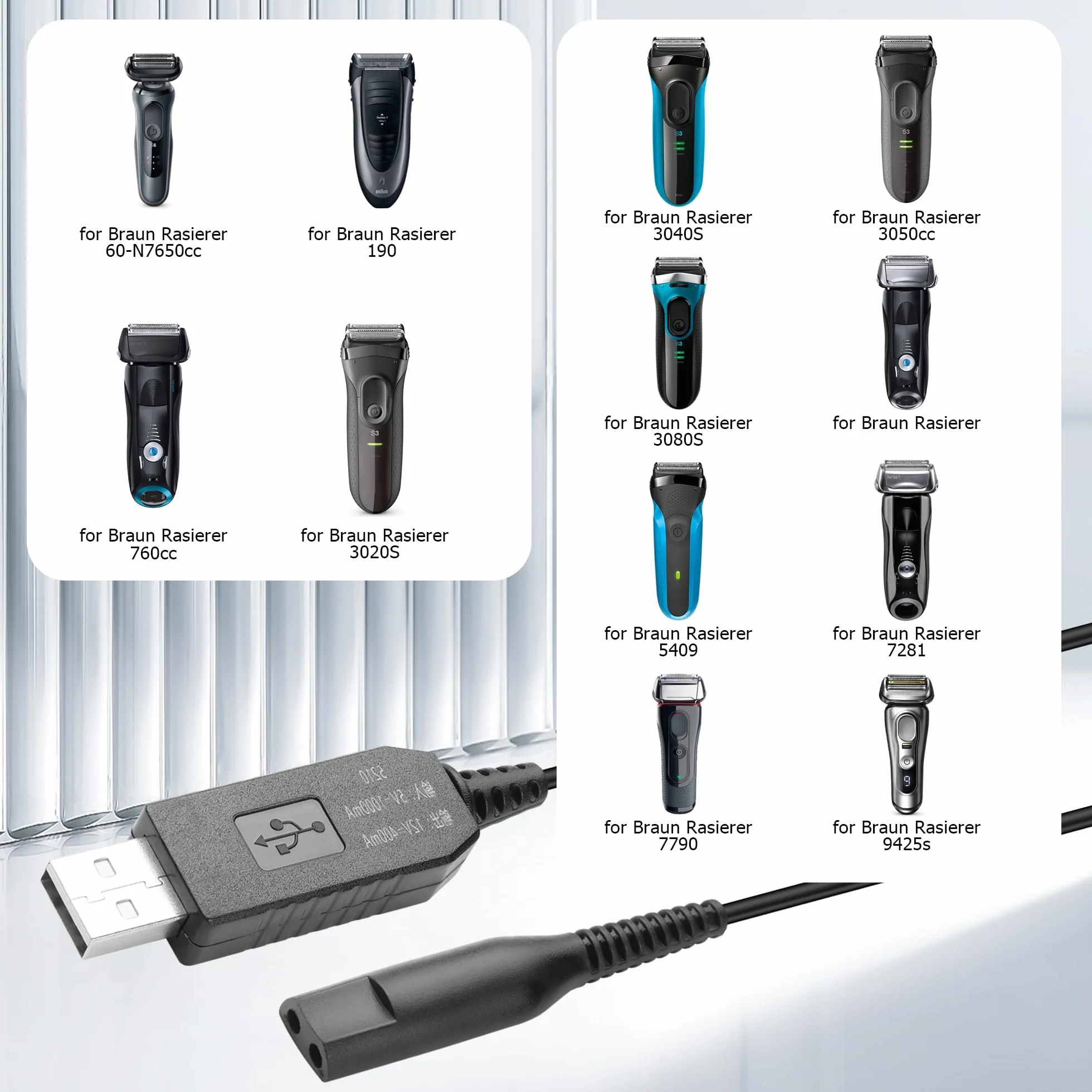 Kabel do ładowania 12 V do golarki Braun Series 9 7 5 4 3 2 1 C Z, zamiennik USB