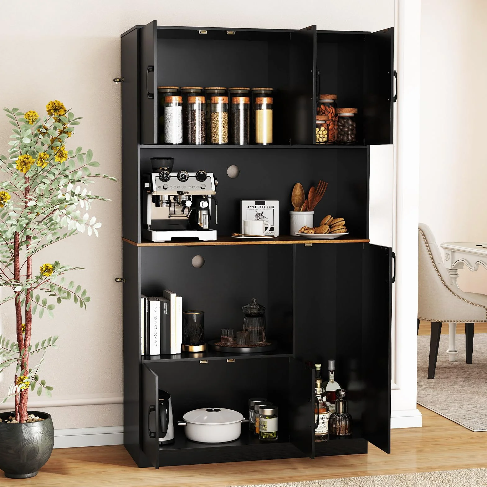 COSTWAY Drewniana szafka kuchenna z gniazdkiem, wysoka 100x40x180 cm czarna