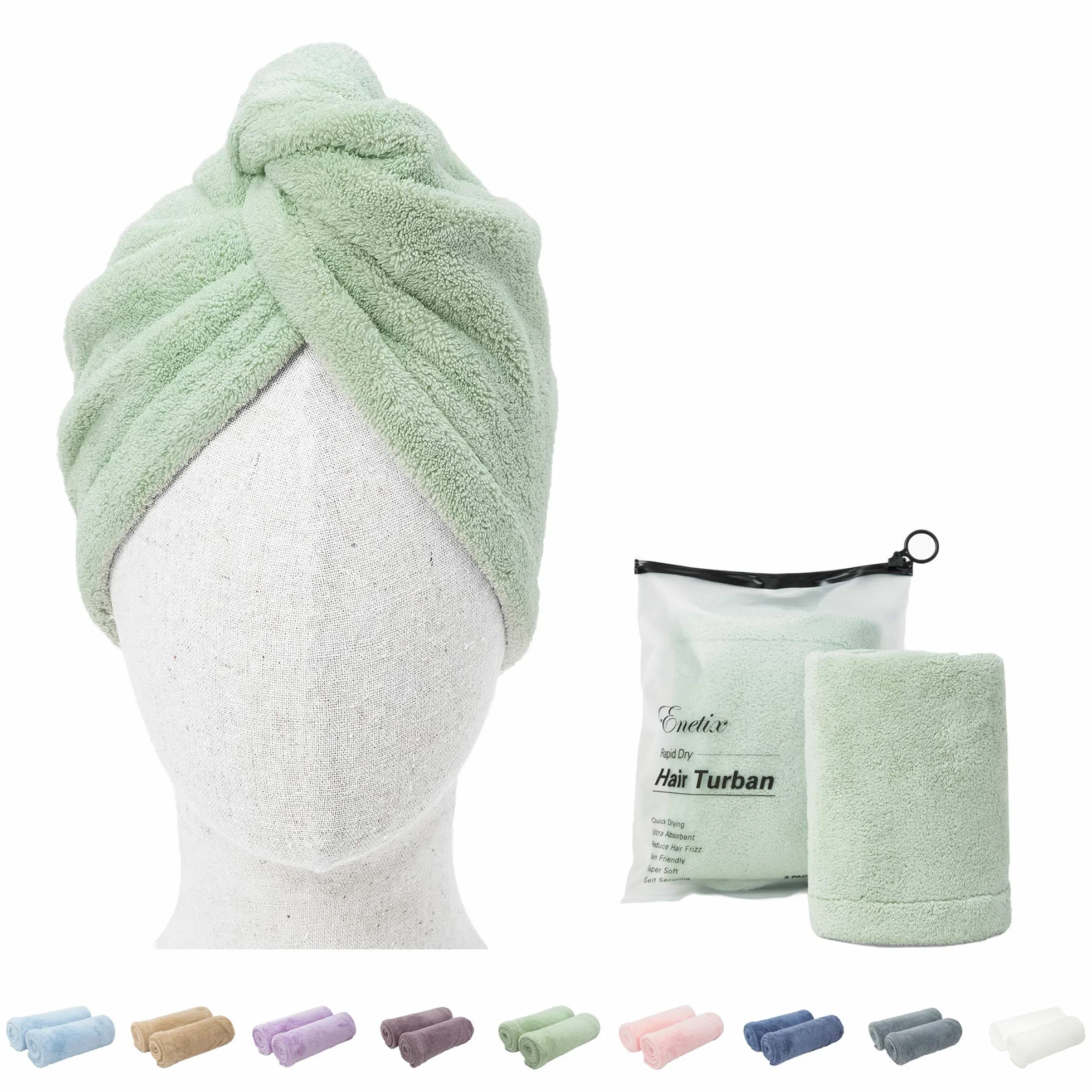 Turban Ręczniki do włosów, czepek z mikrofibry z kapturem, 25 × 70 cm Super chłonny kaptur do suchych włosów, szybkie suszenie do mokrych włosów, mięta