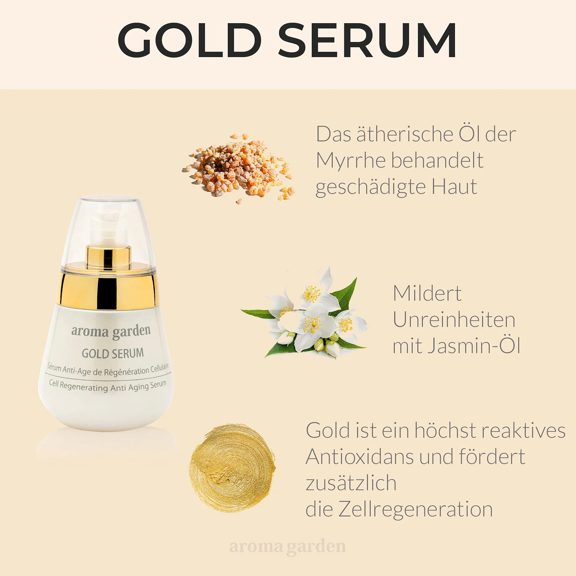 Serum regenerujące komórki z 24-karatowym złotem i kwasem hialuronowym - Przeciwstarzeniowe - Dla jedwabistej skóry - 100% organiczne i wegańskie - Natychmiastowy efekt liftingu 50 ml
