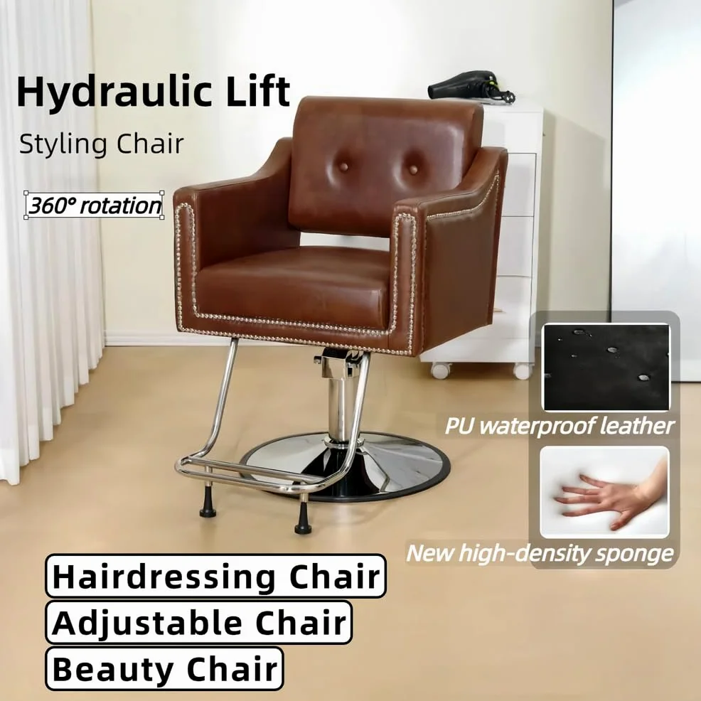 Fotel Fryzjerski, Hydrauliczny Fotel Fryzjerski, Hydrauliczny PodnośNik Z Obrotem O 360°, WyposażEnie Salonu Kosmetycznego, SkóRzany I Nitowany,Beige