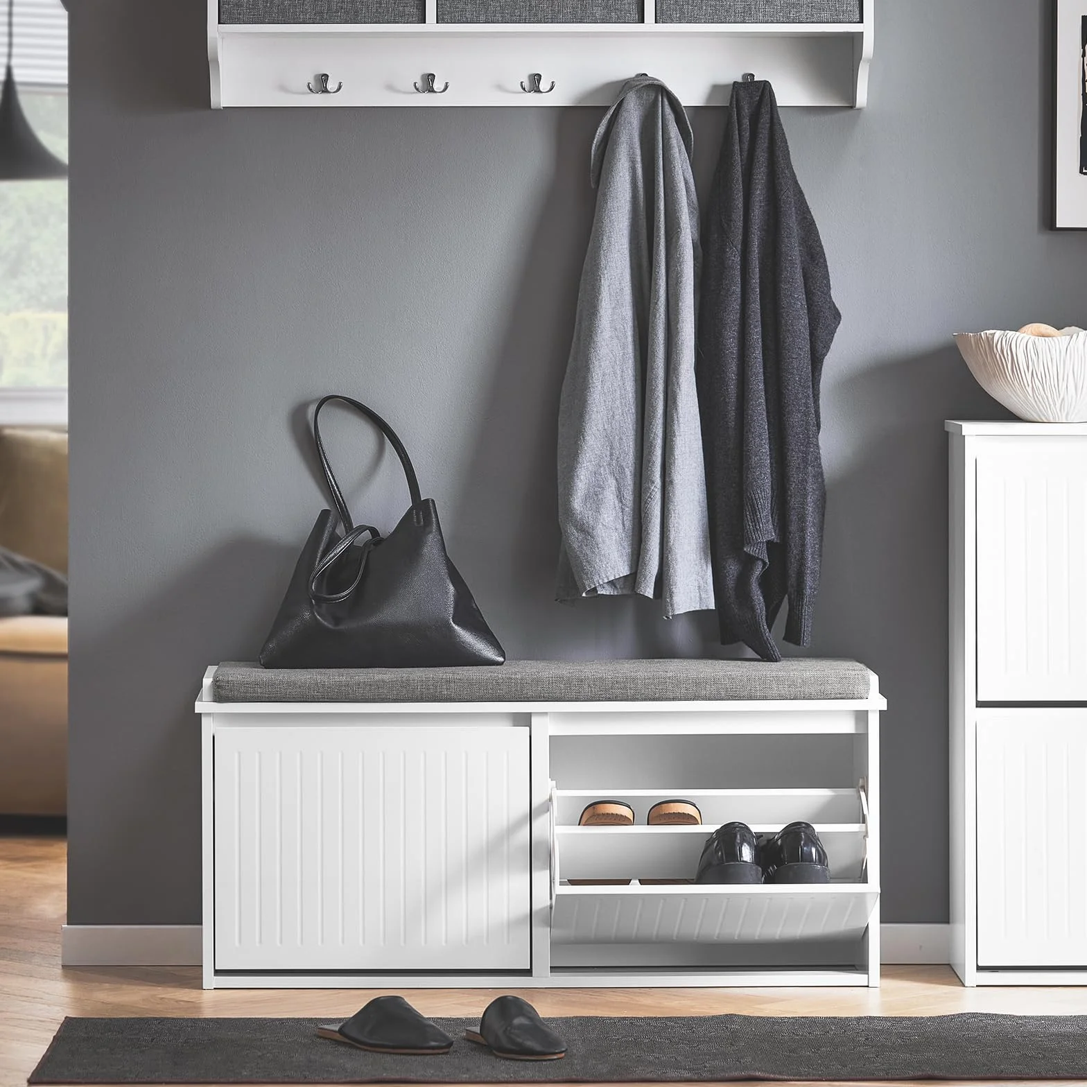 SoBuy FSR98-XL-W Szafka na buty ławka z poduszką do siedzenia komoda z 2 klapami z szufladami,100 x 26 x 46 cm