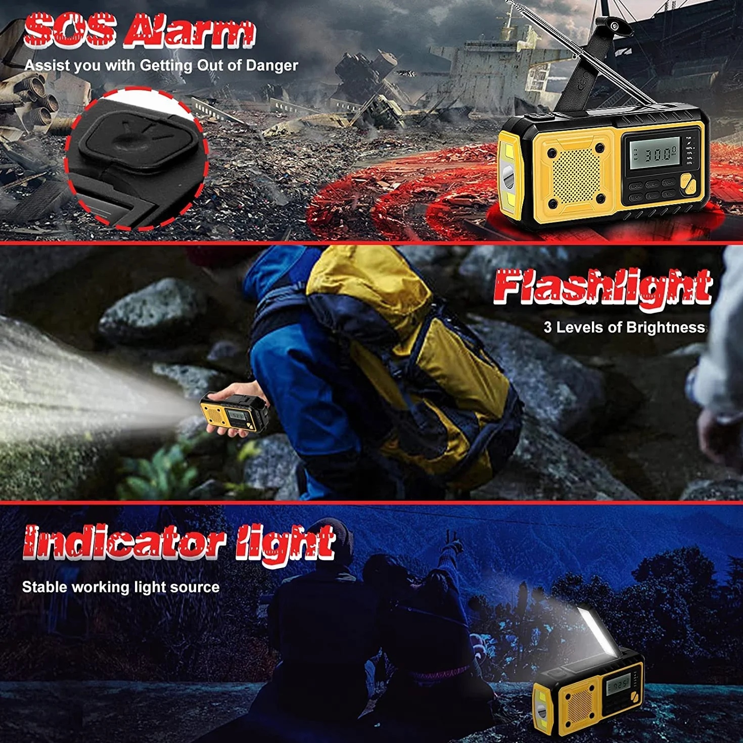 Solarne radio przenośne radio z korbą, radio AM/FM o pojemności 5000 mAh, ładowalna bateria, power bank, radio awaryjne z oświetleniem LED, alarm SOS i kompas, przyłącze do użytku zewnętrznego